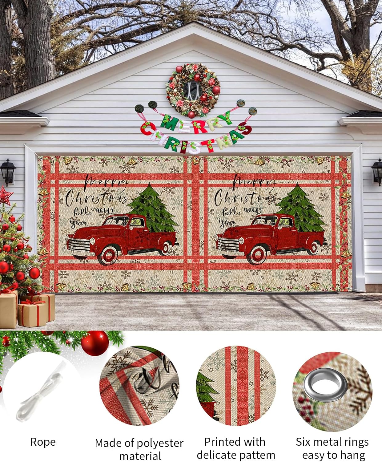 Cartel decorativo para puerta de garaje con 6 anillos de metal, diseño vintage de árbol de Navidad, árbol de Navidad, copo de nieve, texturizado, 7