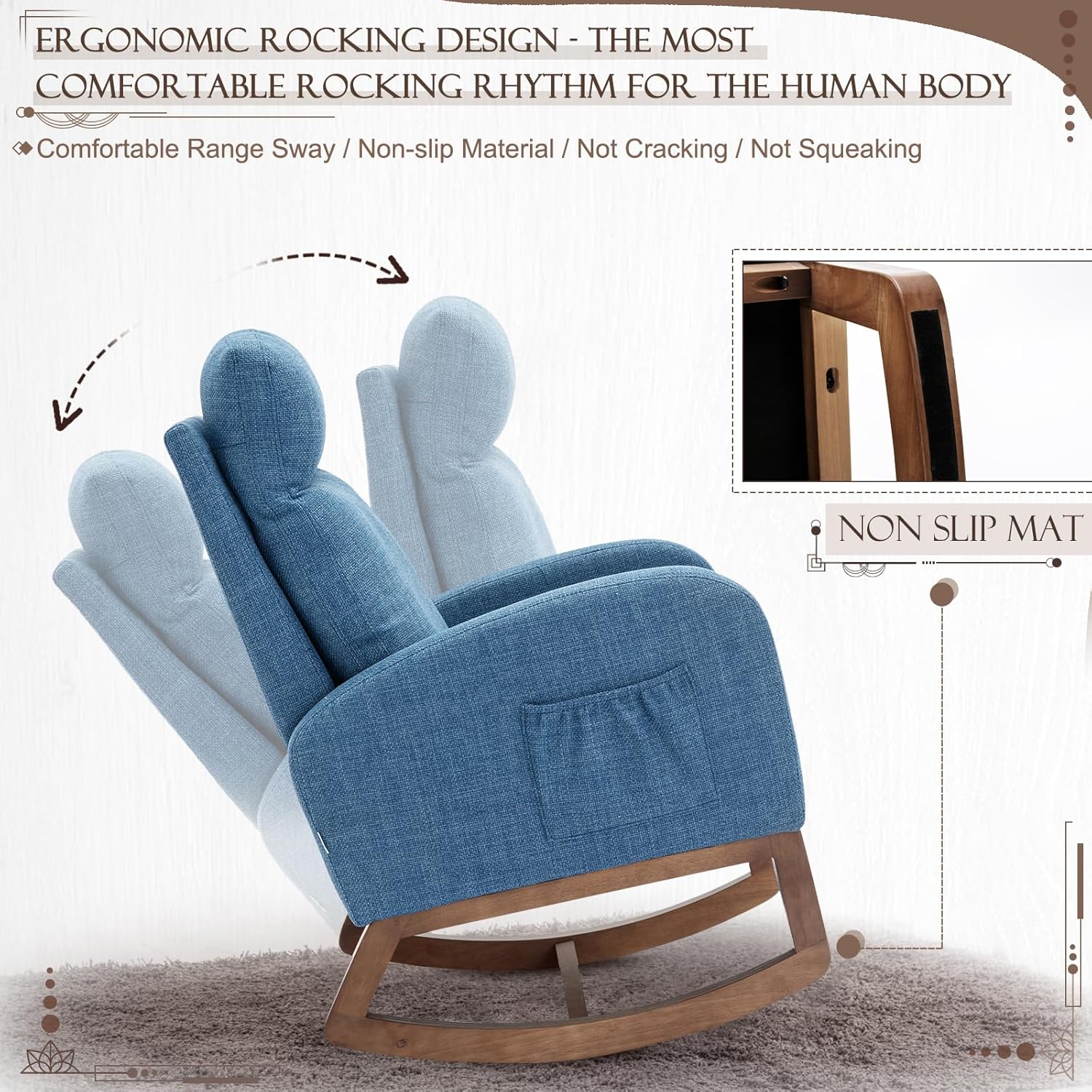 Obuvar Mecedora tapizada para guardería, mecedora Accent Glider con bolsillo lateral, cómoda silla con respaldo alto y reposacabezas, planeador de