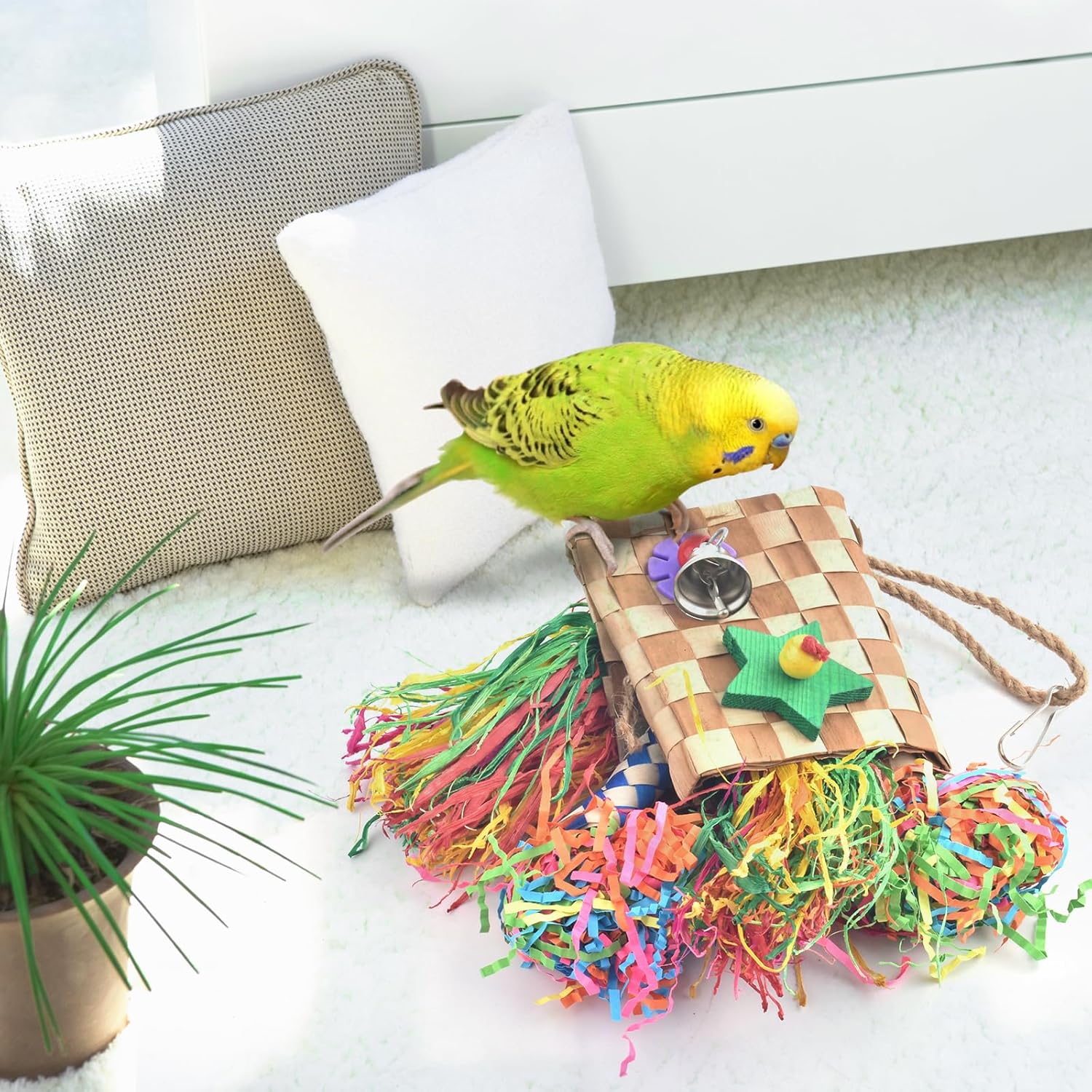 Bissap Juguetes para masticar pájaros, trituradora de forraje de loro, palmera natural, jaula colgante de juguete para conure Lovebird Budgie