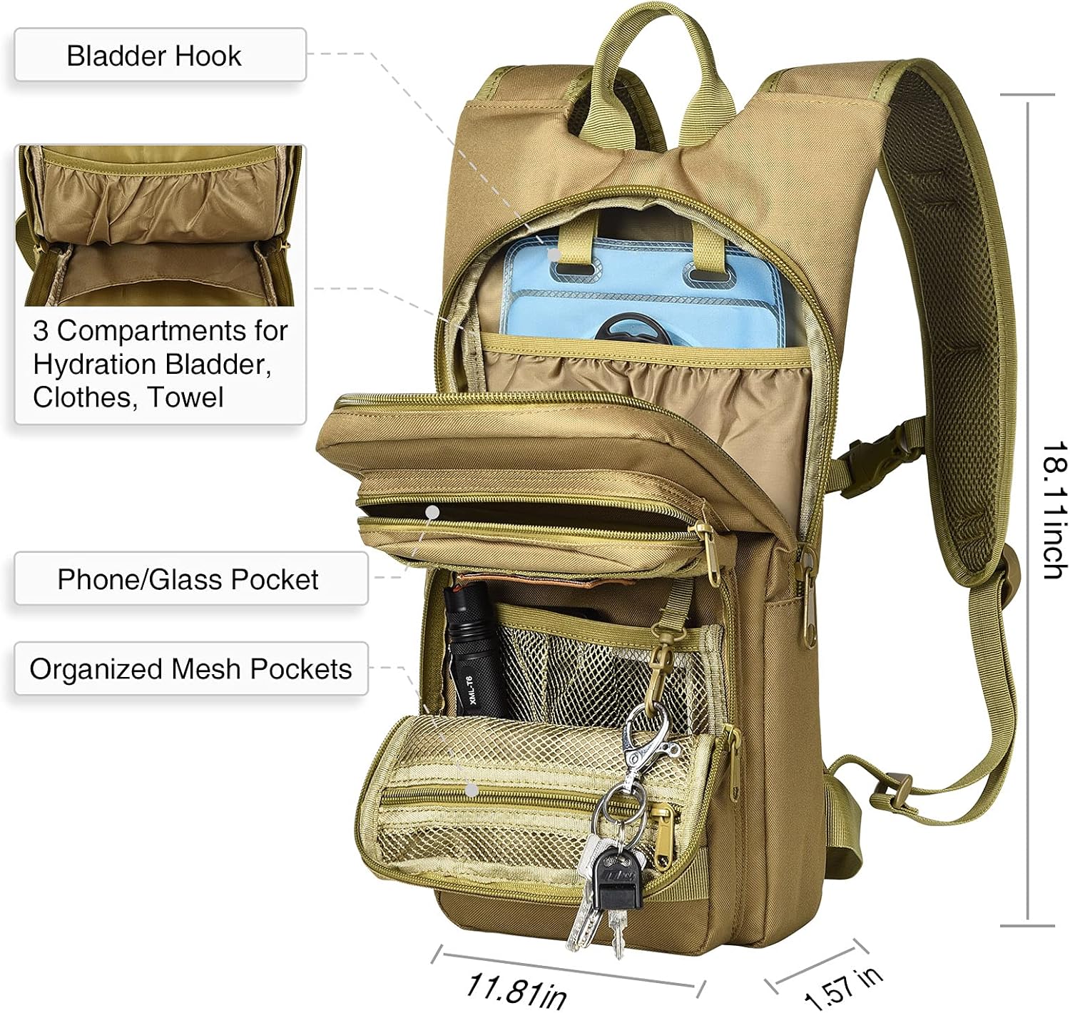 Mochila de hidratación con vejiga de agua de TPU de 3 L, mochila táctica de agua Molle para hombres y mujeres, paquete de hidratación para