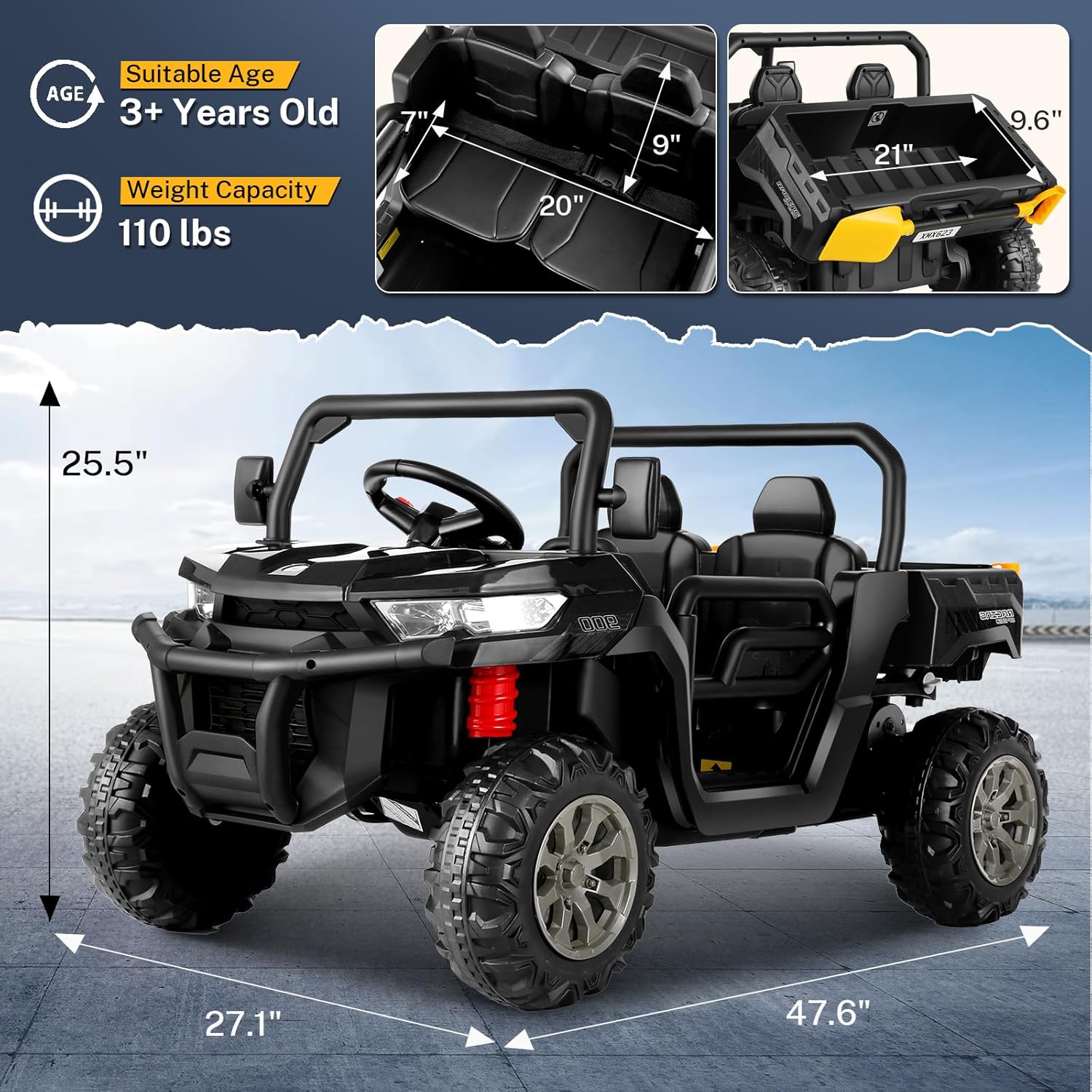 Hikole Juguetes de paseo de 24 V para niños grandes con cama eléctrica y control remoto, UTV para niños de 2 plazas con potente motor de 2 x 200 W,