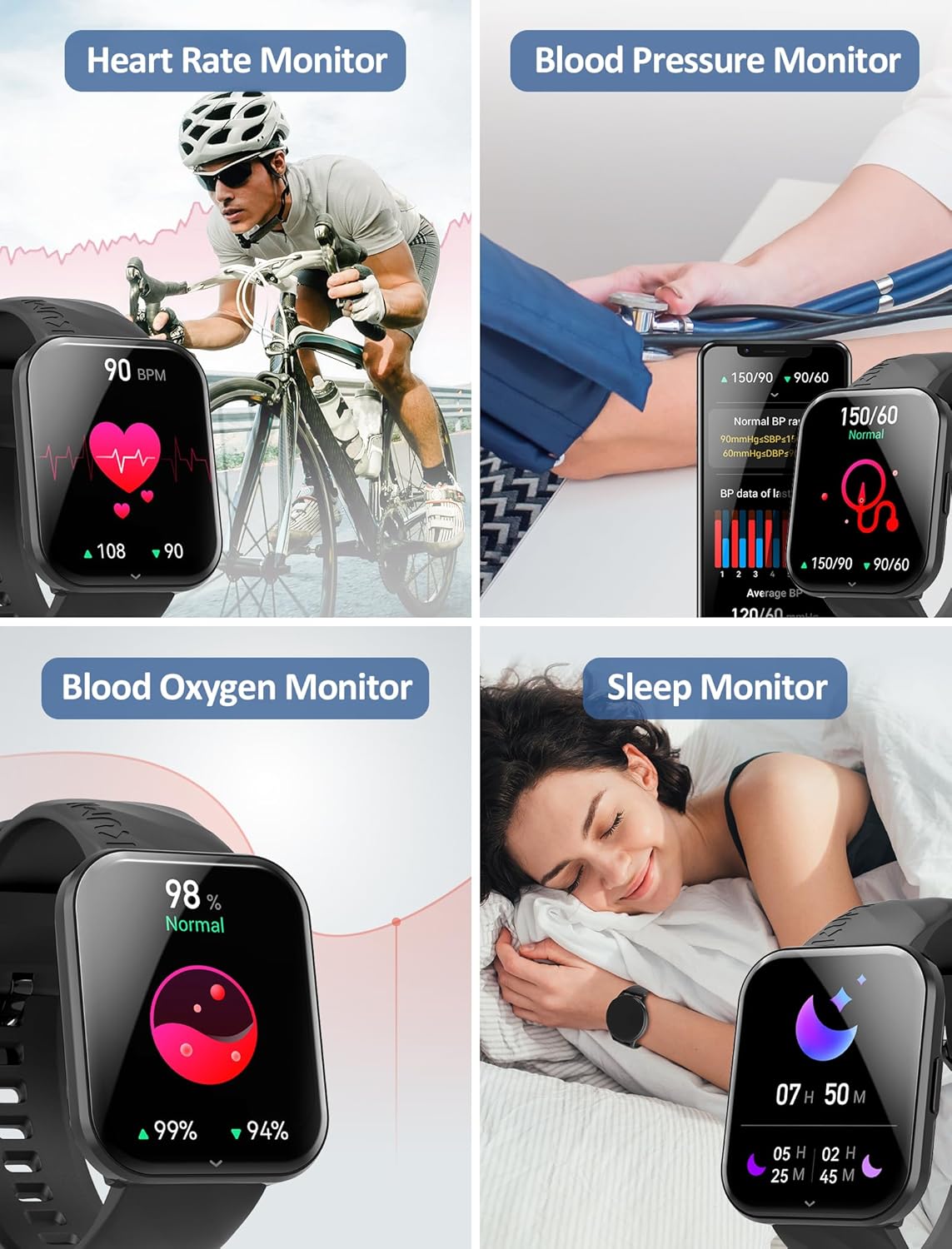 Kumi Reloj inteligente para hombre, reloj inteligente de 1.96 pulgadas para Android iOS (respuestahacer llamadas), frecuencia cardíaca, SpO2 y