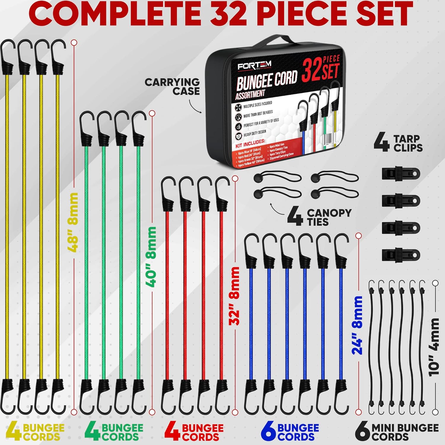 Cuerdas de bungee surtidas de calidad superior, 24piezas con cuerdas de cubierta y red de carga adicional por FORTEM, ganchos de metal con