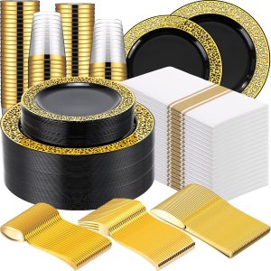 Bokon Juego de vajilla de plástico de 525 piezas para 75 invitados, 75 platos de plástico, 75 platos de ensalada, 75 tenedores, cuchillos y cucharas Bokon Juego de vajilla de plástico de 525 piezas para 75 invitados, 75 platos de plástico, 75 platos de ensalada, 75 tenedores, cuchillos y cucharas