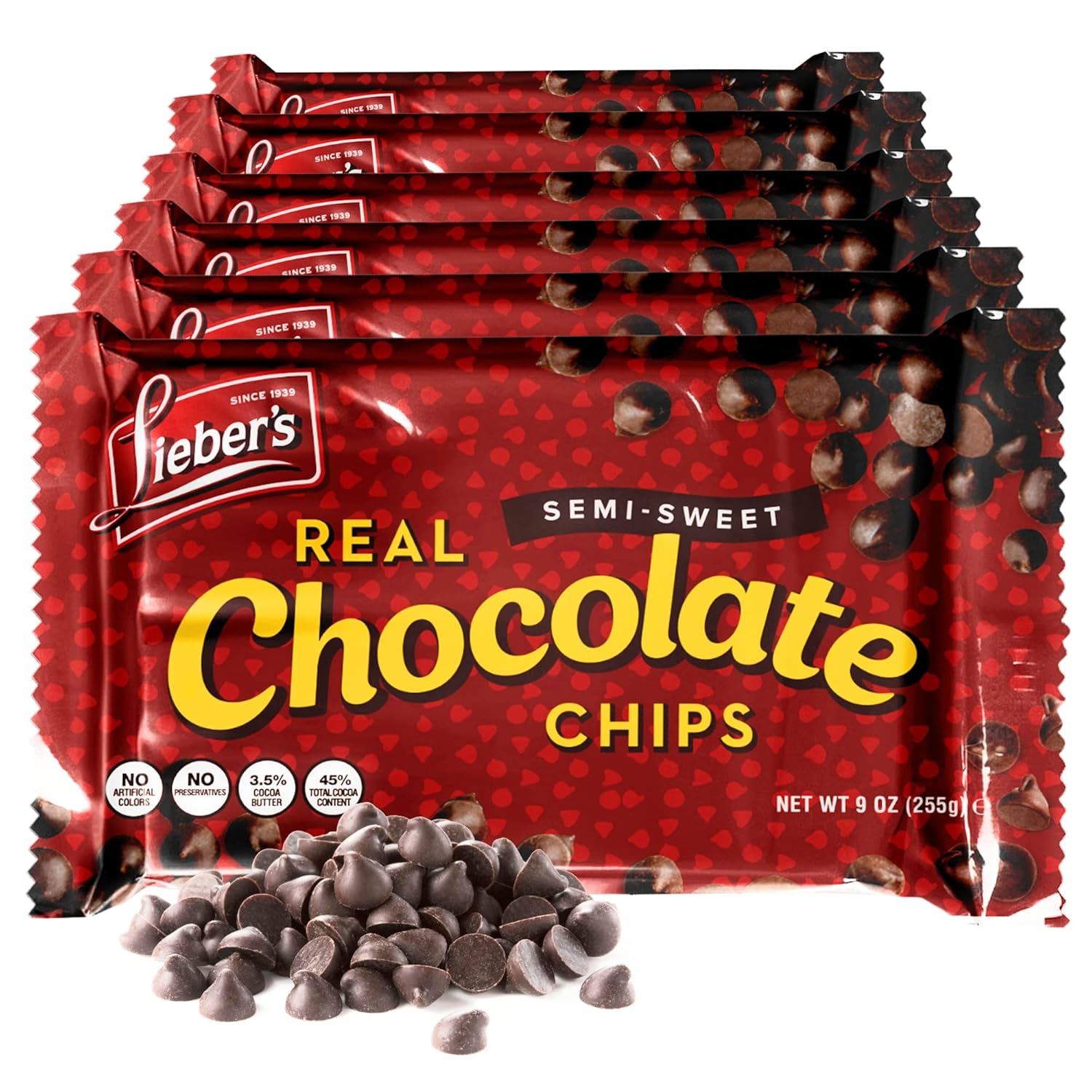 Lieber’s – Chips de chocolate real semitulce vegano, 9 onzas, sin gluten, sin lácteos, Kosher Parve, chips de chocolate bajos en calorías para