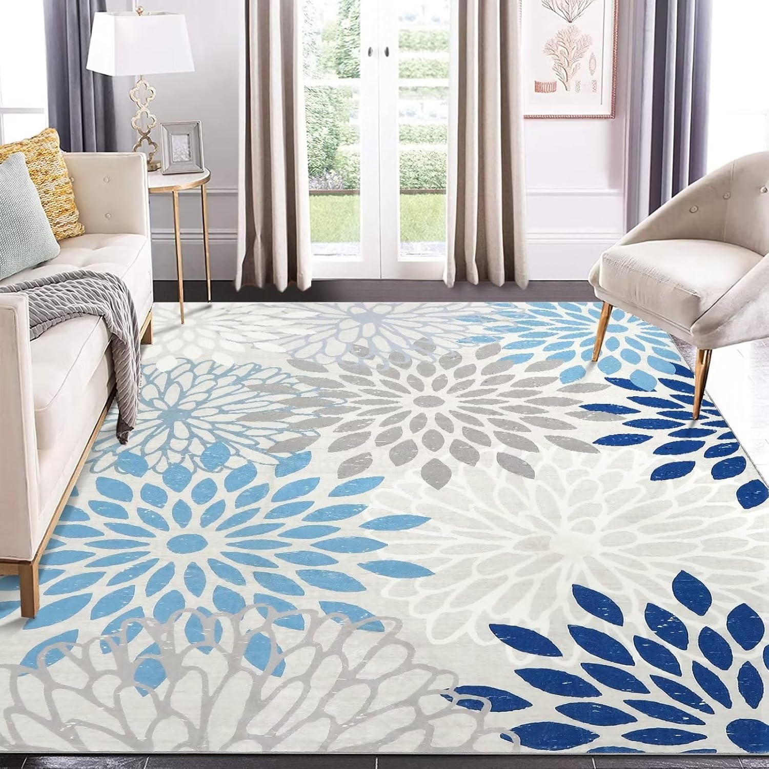 COZYLOOM Alfombra moderna de 8 x 10 pies para sala de estar y dormitorio, alfombra bohemia con estampado floral, lavable, para interiores, suave,