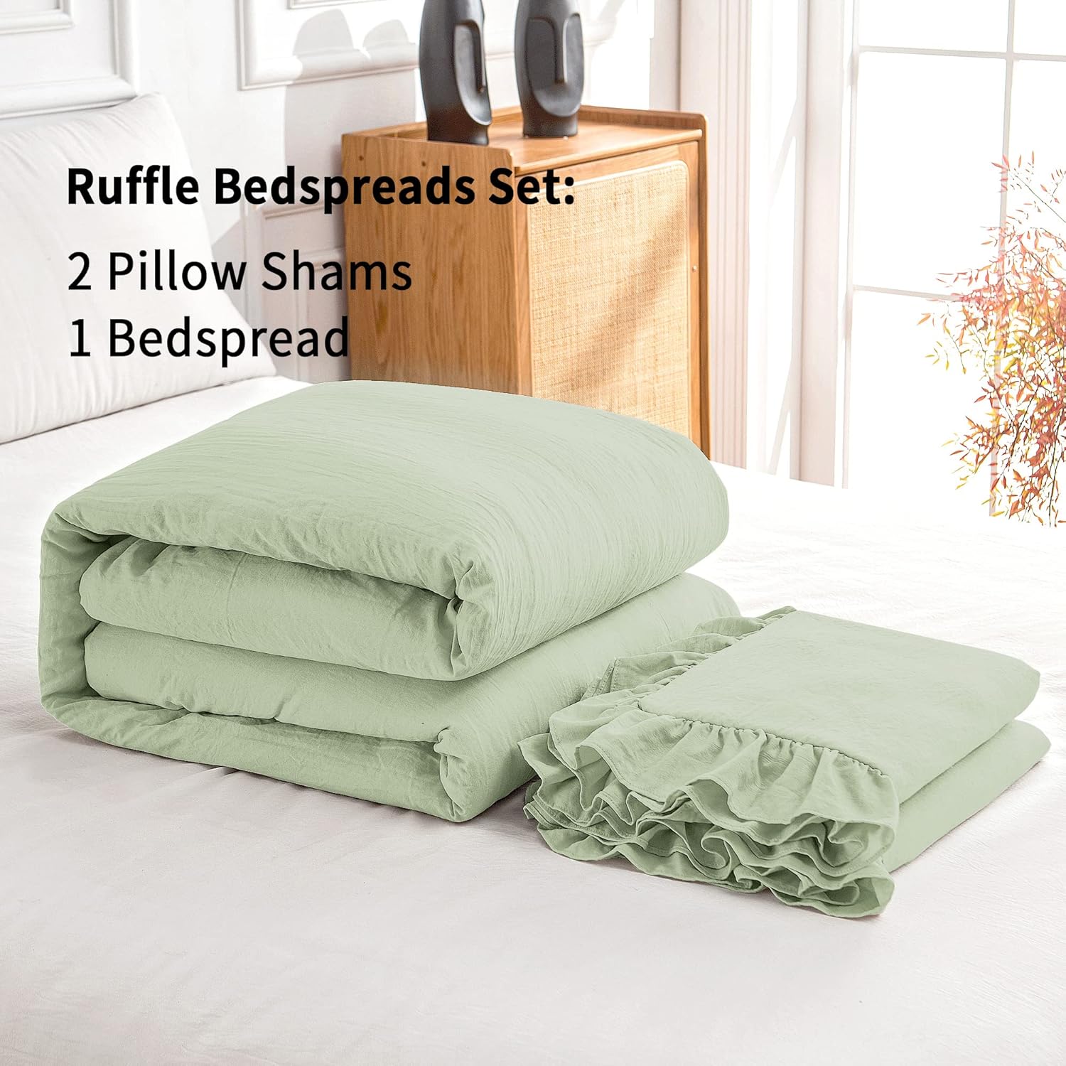 Bonlino Juego de colcha para cama King  Colcha de granja Colcha Chic Vintage Ropa de cama falda con volantes Colcha Colcha Dormitorio rústico ligero