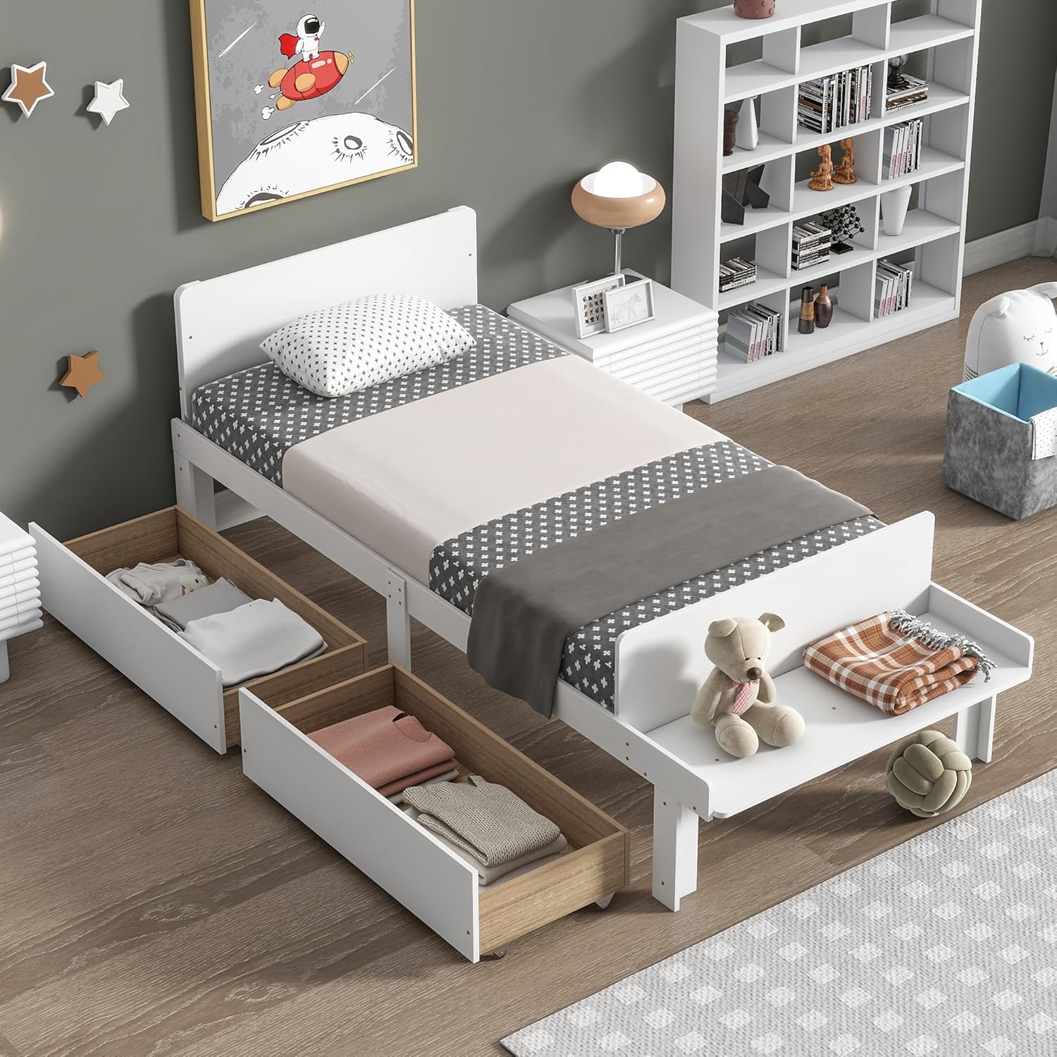 Dolonm Base de cama individual para niños con 2 cajones, plataforma de almacenamiento con banco de estribo, marco de cama individual para niños,