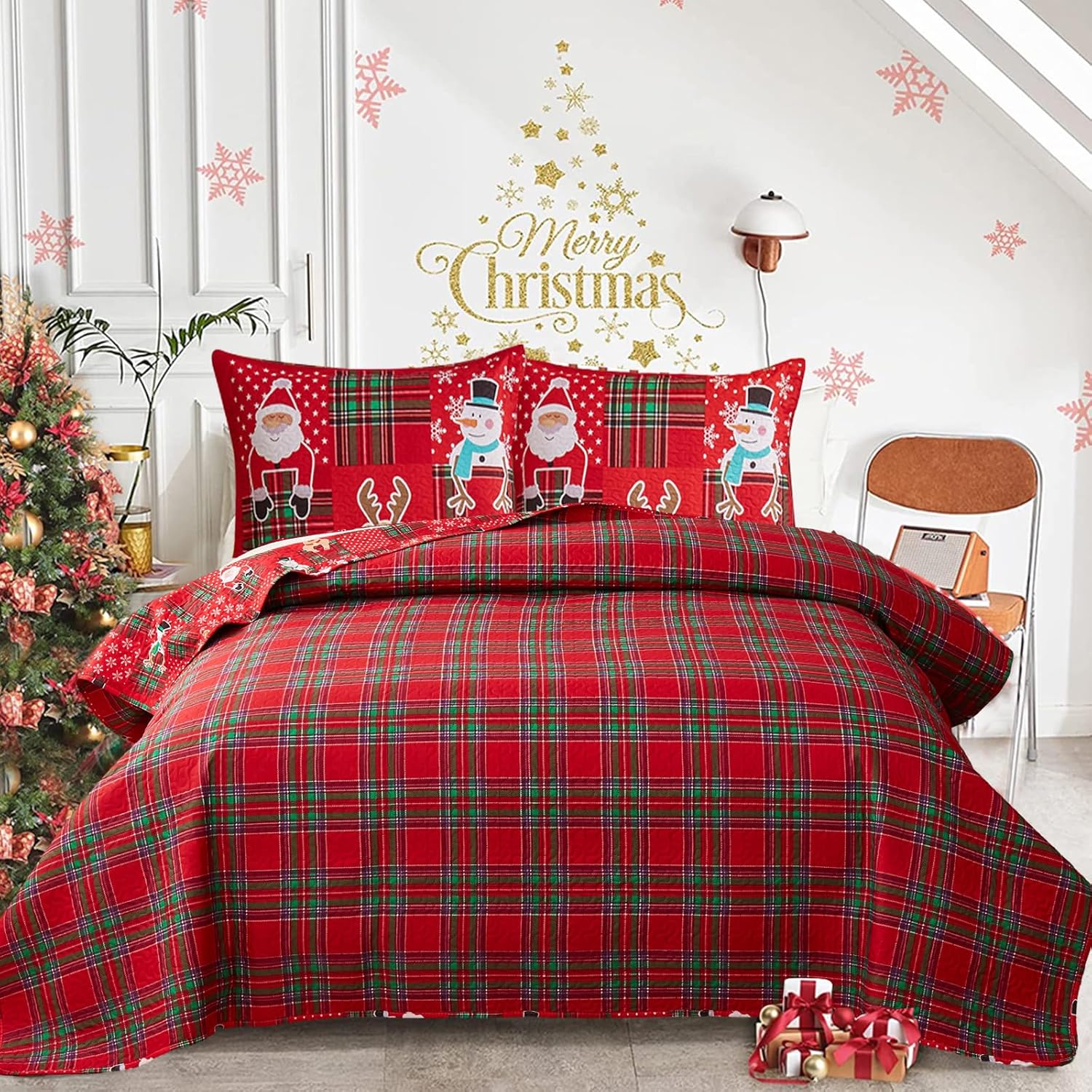 Colchas reversibles de Papá Noel de Navidad, color rojo, verde, tamaño King, diseño de reno, muñeco de nieve, colcha a cuadros, regalo de Año Nuevo,