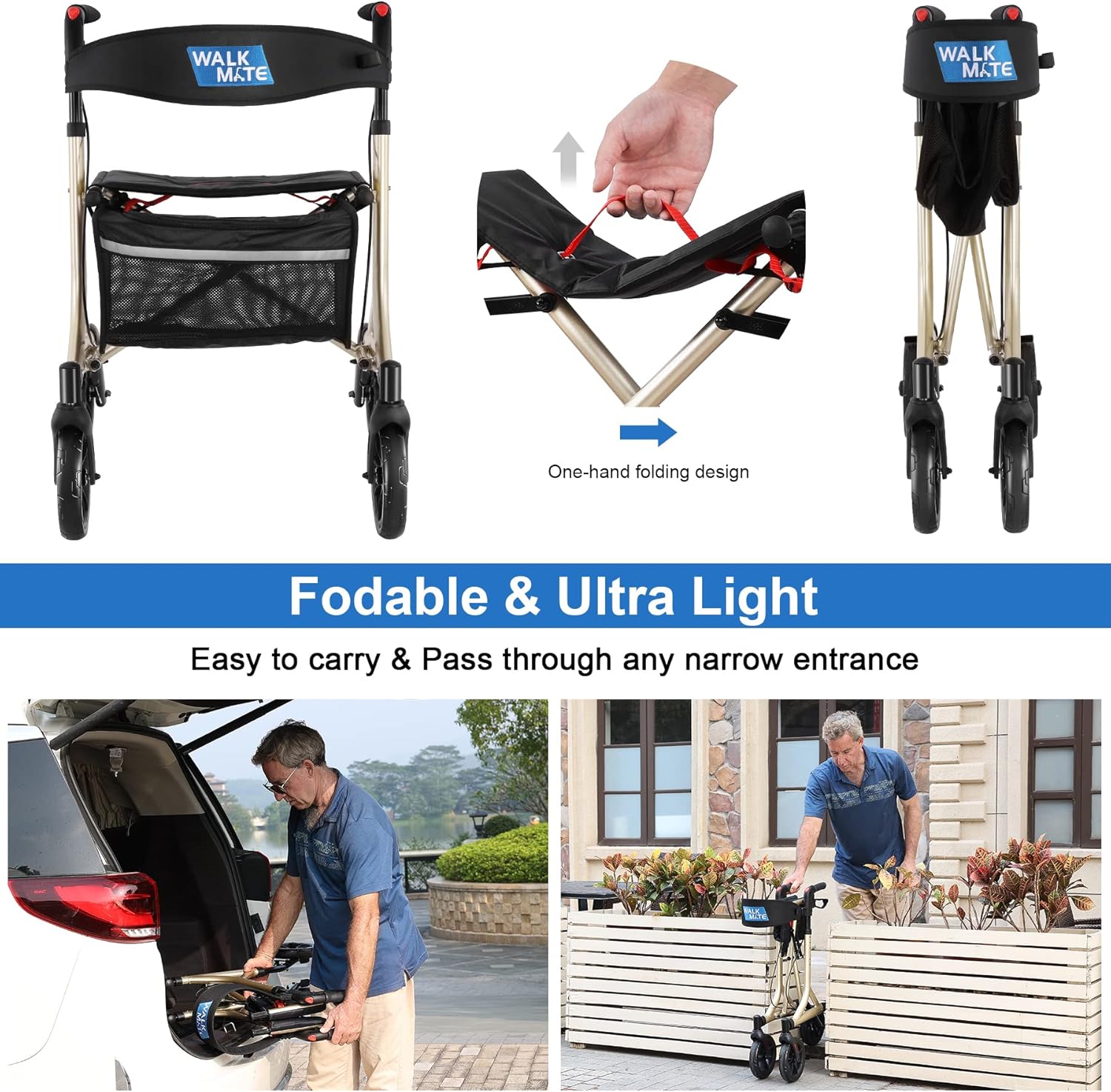 WALK MATE Andador con ruedas para personas mayores con soporte para tazas, botón de presión de pulgar mejorado para ajuste de altura, ruedas de 4 x