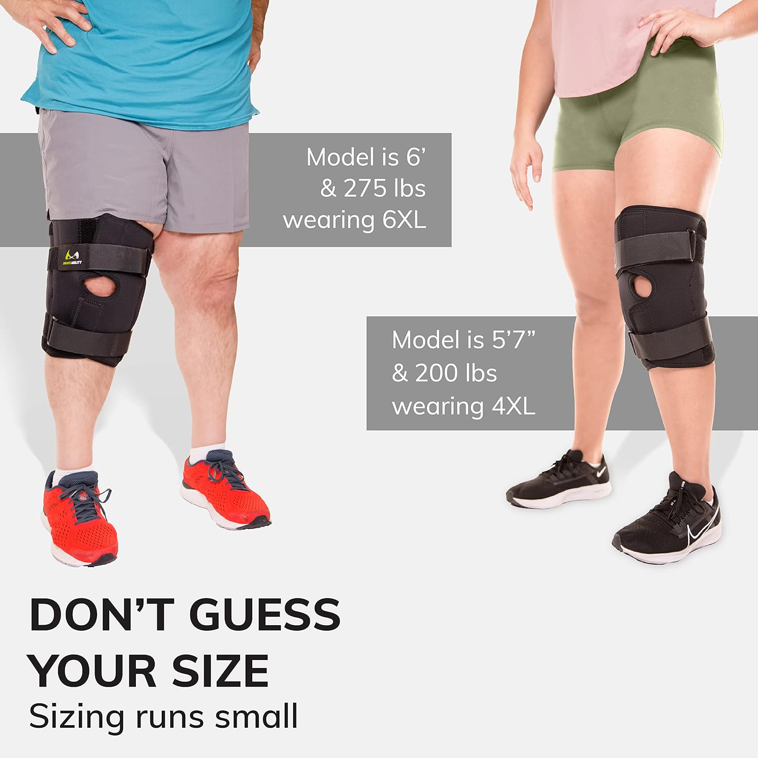 BraceAbility Rodillera envolvente de talla grande, soporte de compresión bariátrica con bisagras para hombres y mujeres con muslos grandes,