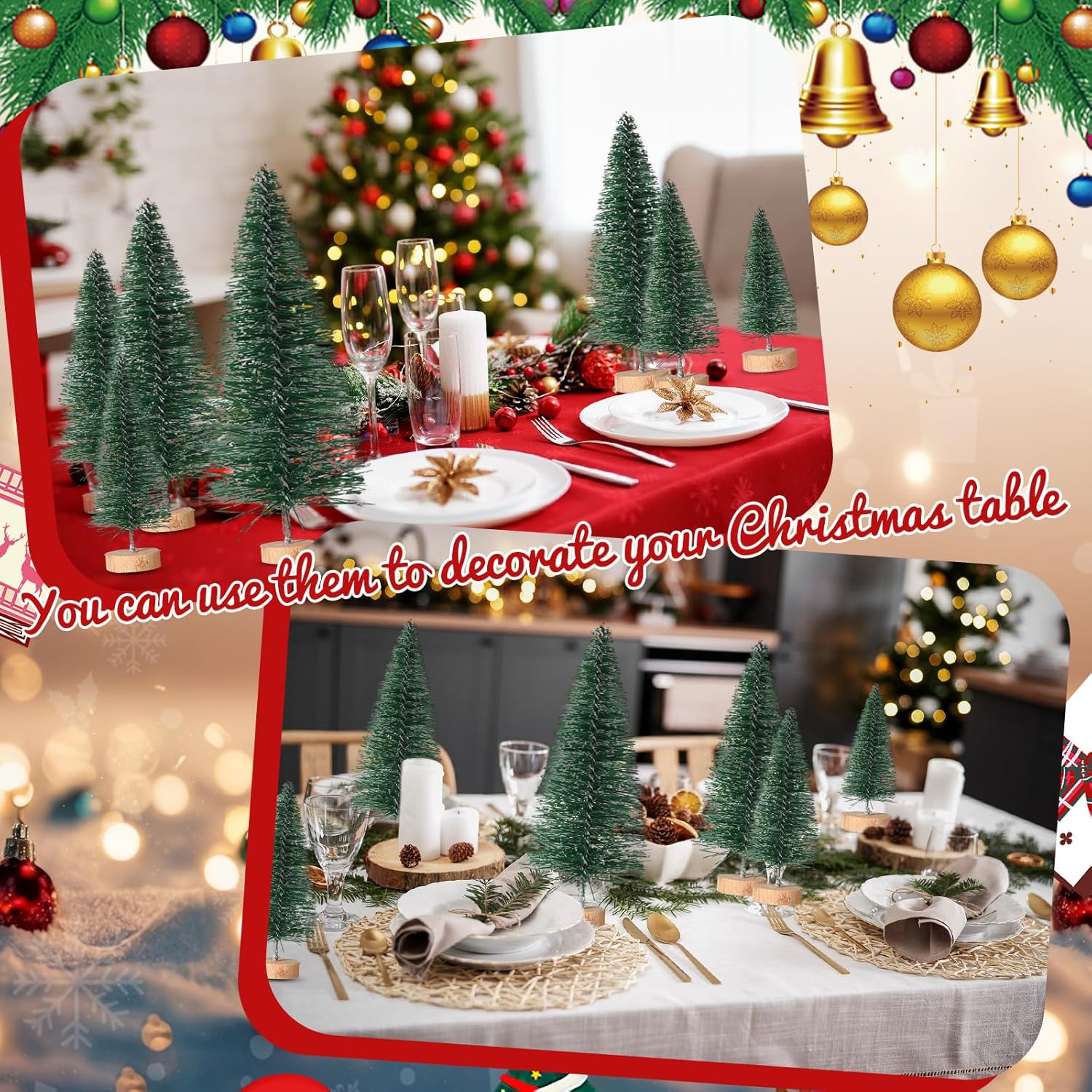 60 piezas de mini árbol de Navidad artificiales de sisal para árboles de nieve, cepillos para botellas, árboles de Navidad, adornos de pinos con