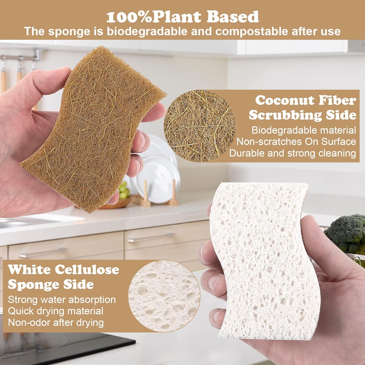 ENHYIVE Paquete de 12 esponjas naturales, esponjas de cocina ecológicas, esponjas naturales para lavar platos, esponja biodegradable compostable de
