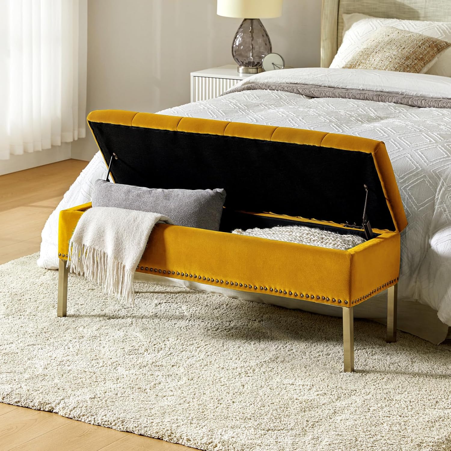 HULALA HOME Banco otomano moderno de terciopelo con tapa abatible con borde de clavos, banco tapizado para dormitorio para el extremo de la cama,