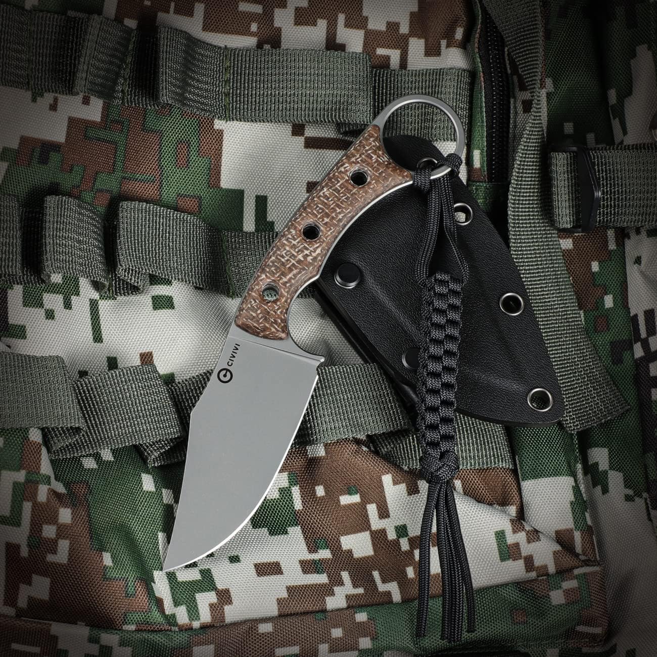 CIVIVI Midwatch Cuchillo de hoja fija, 3.39 pulgadas Bohler N690 hoja de acero mango de arpillera Micarta con funda Kydex y cordón de paracaídas