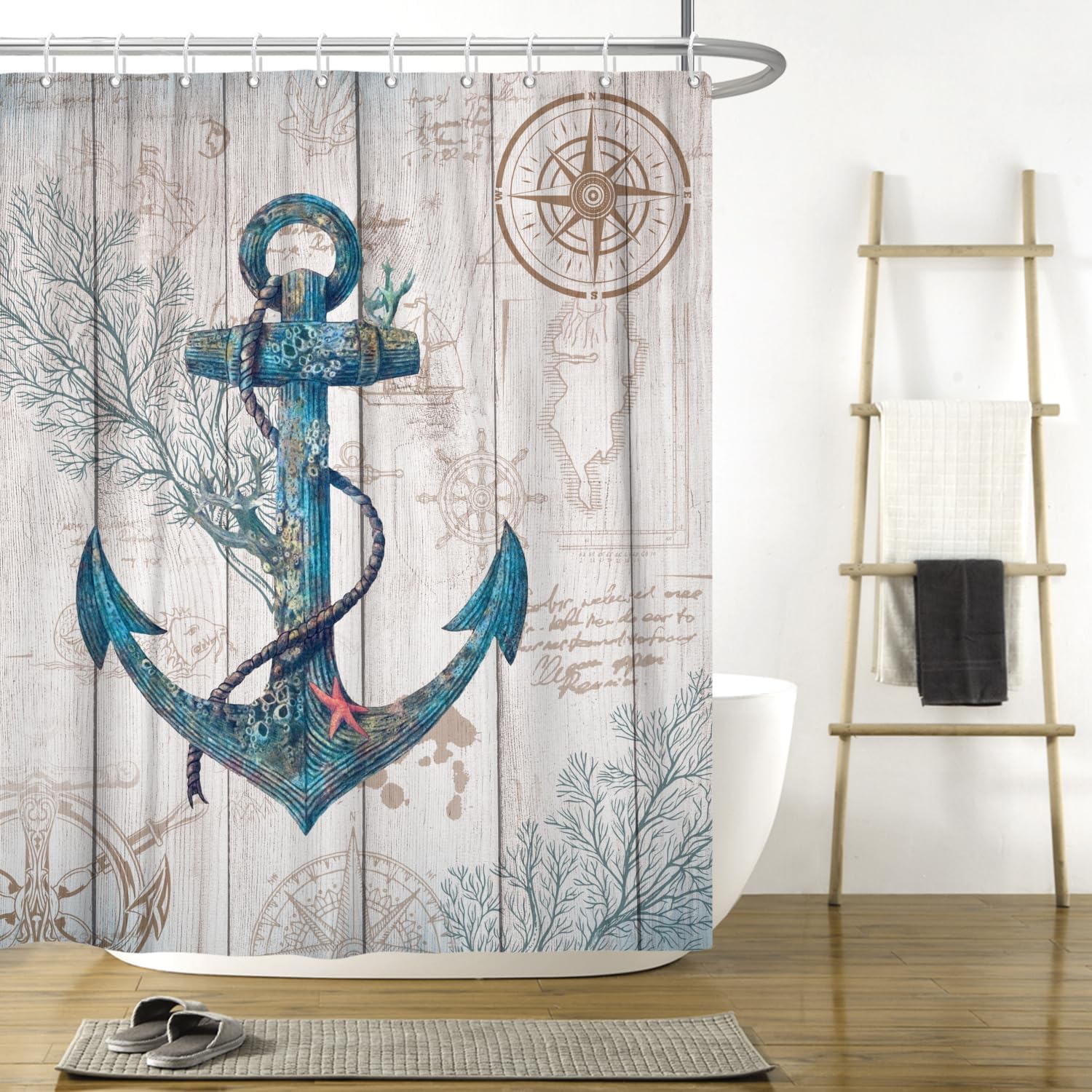 Cortina de ducha con ancla náutica para baño, playa, costera, cortina de ducha rústica con tema de navegación, cortina de baño con gancho, 72 x 72