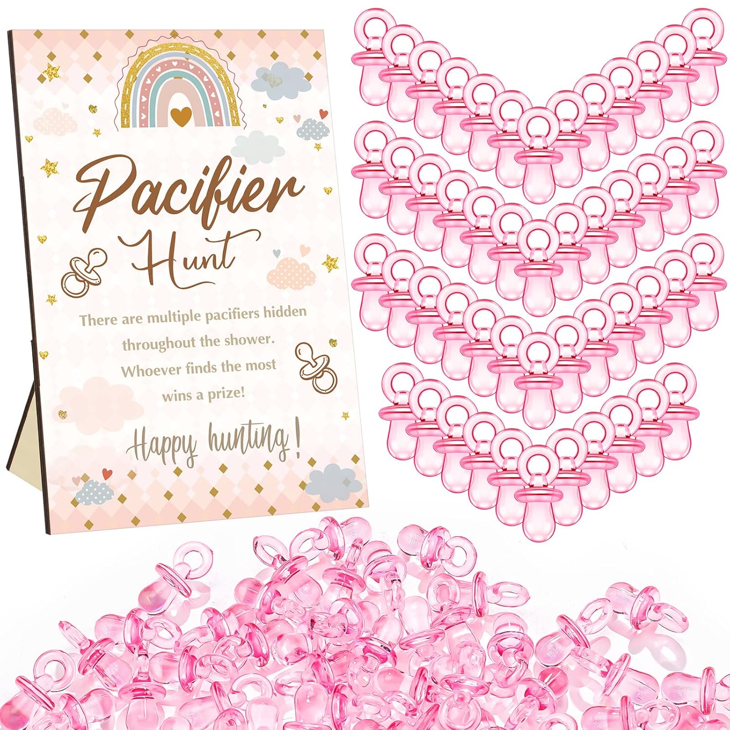 51 juegos geniales para baby shower, incluyen letrero de caza de chupete bohemio y 50 chupetes acrílicos para bebé, mini chupetes para temática