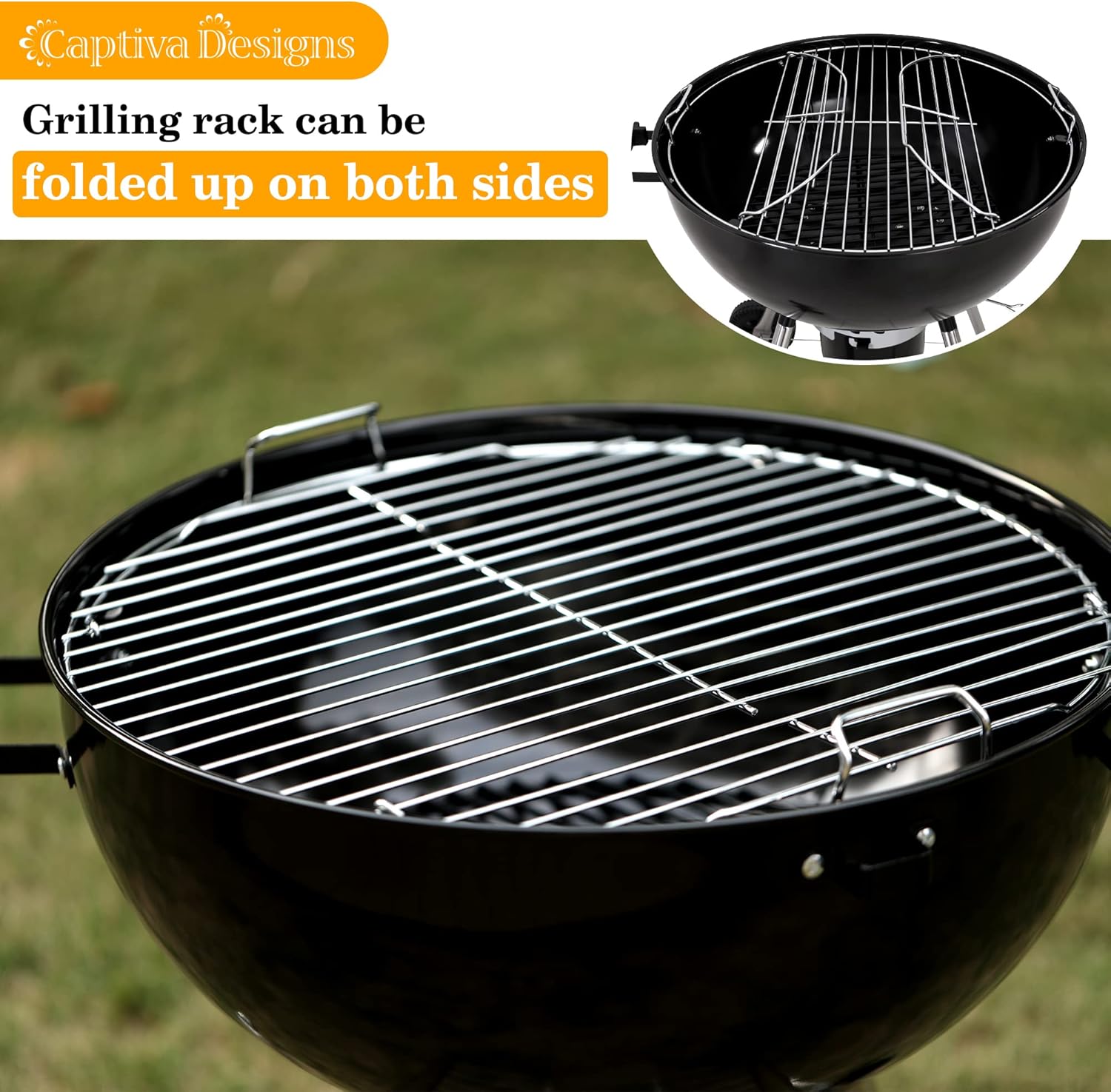 Captiva Designs Parrilla de barbacoa de carbón de 18 pulgadas con tapa y cuenco esmaltados de porcelana, rejilla gruesa cromada, atrapa cenizas