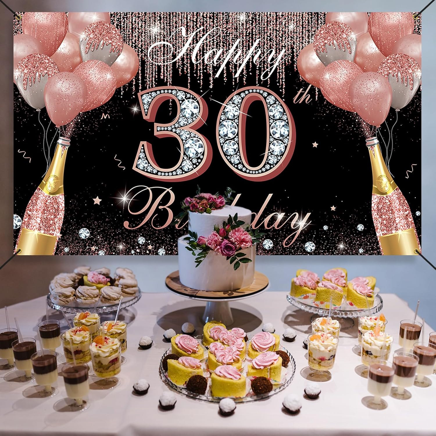Decoraciones de feliz cumpleaños 30 para mujer, color oro rosa, pancarta de fondo de fiesta de cumpleaños de 30 años, cartel de treinta cumpleaños