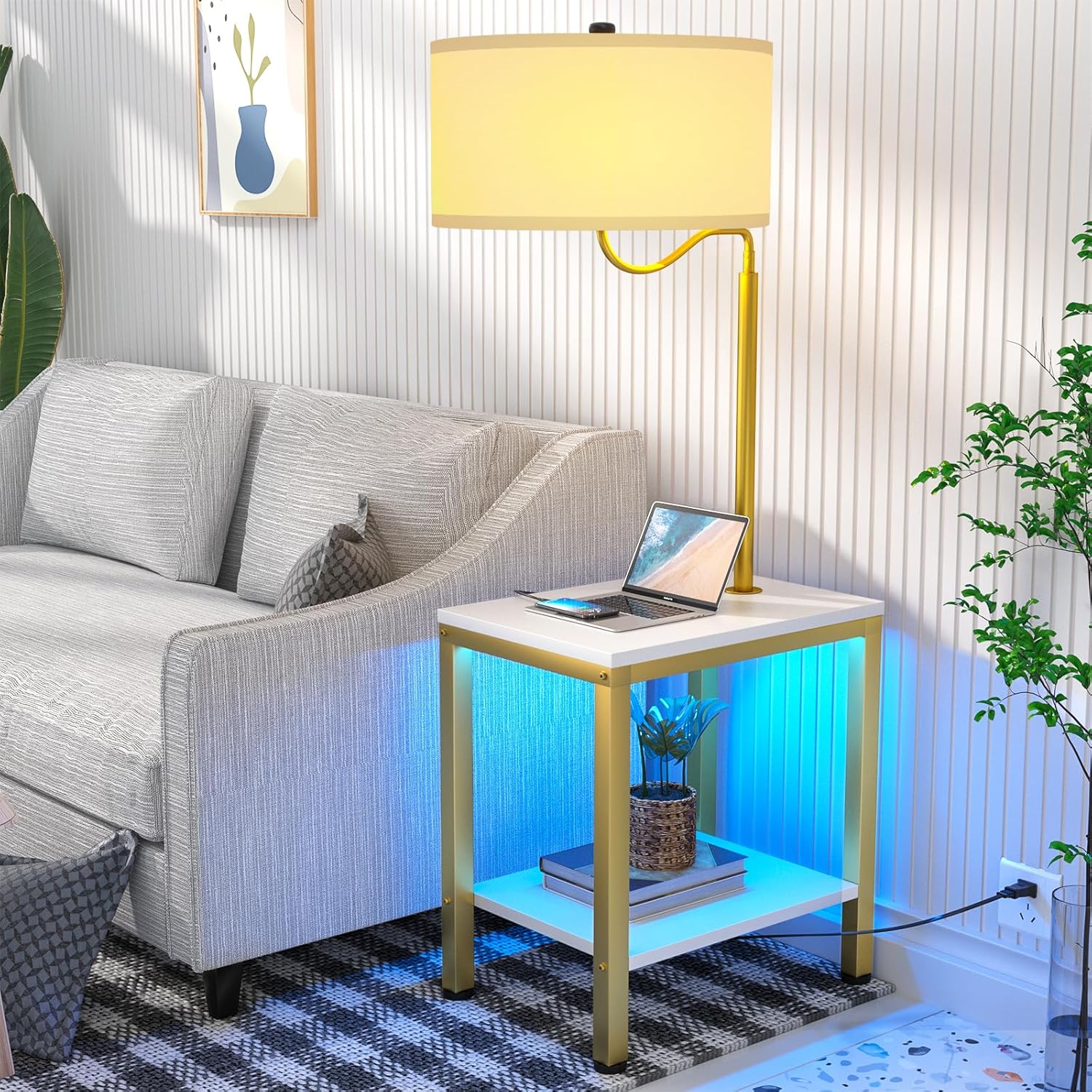 Lámpara de pie LED con mesa, mesa auxiliar con luz LED y toma de corriente, mesita de noche con lámpara, mesa auxiliar con lámpara adjunta para sala