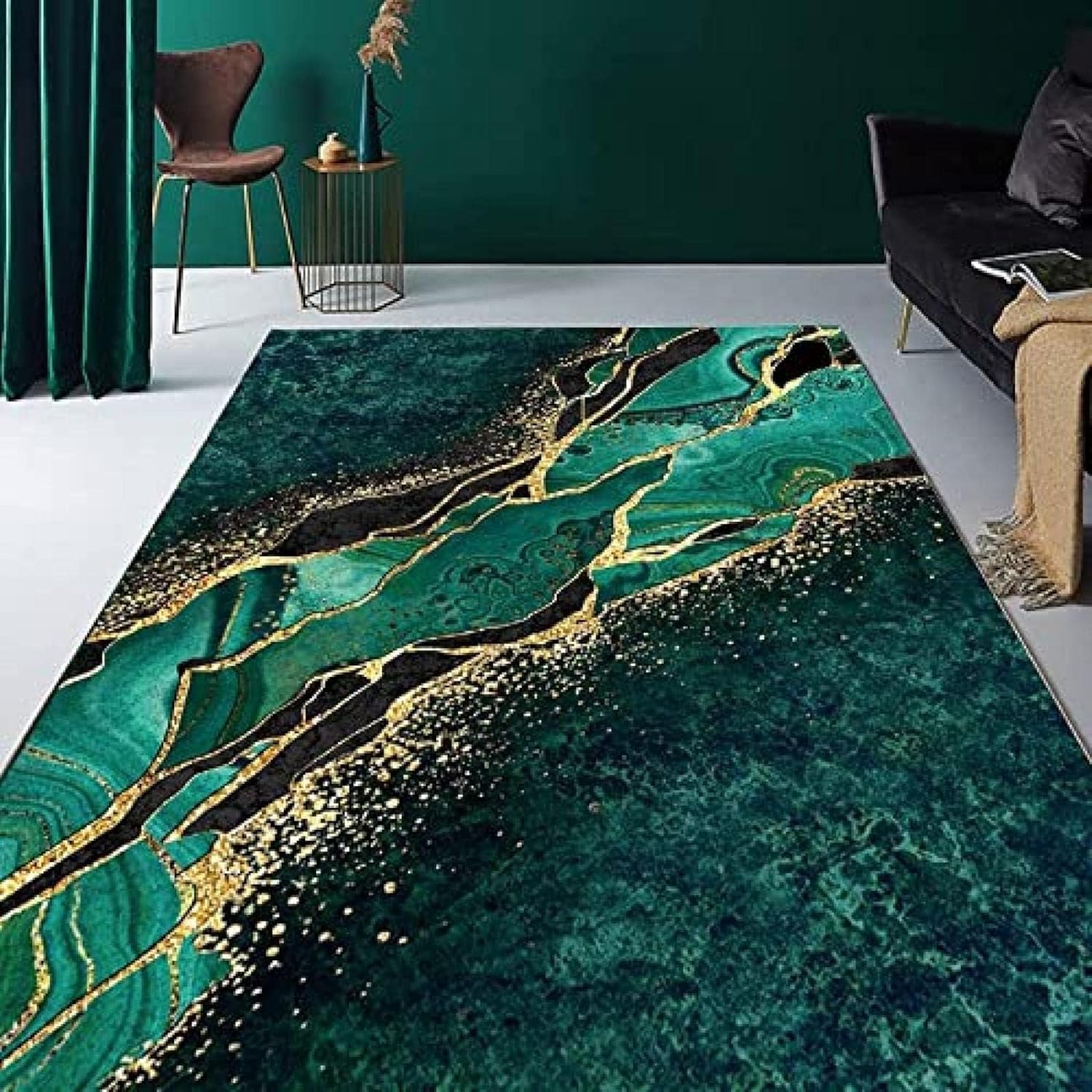 Nordic Light – Alfombra de lujo con textura de mármol verde esmeralda, alfombra decorativa abstracta retro negra dorada y dorada, alfombra fácil de