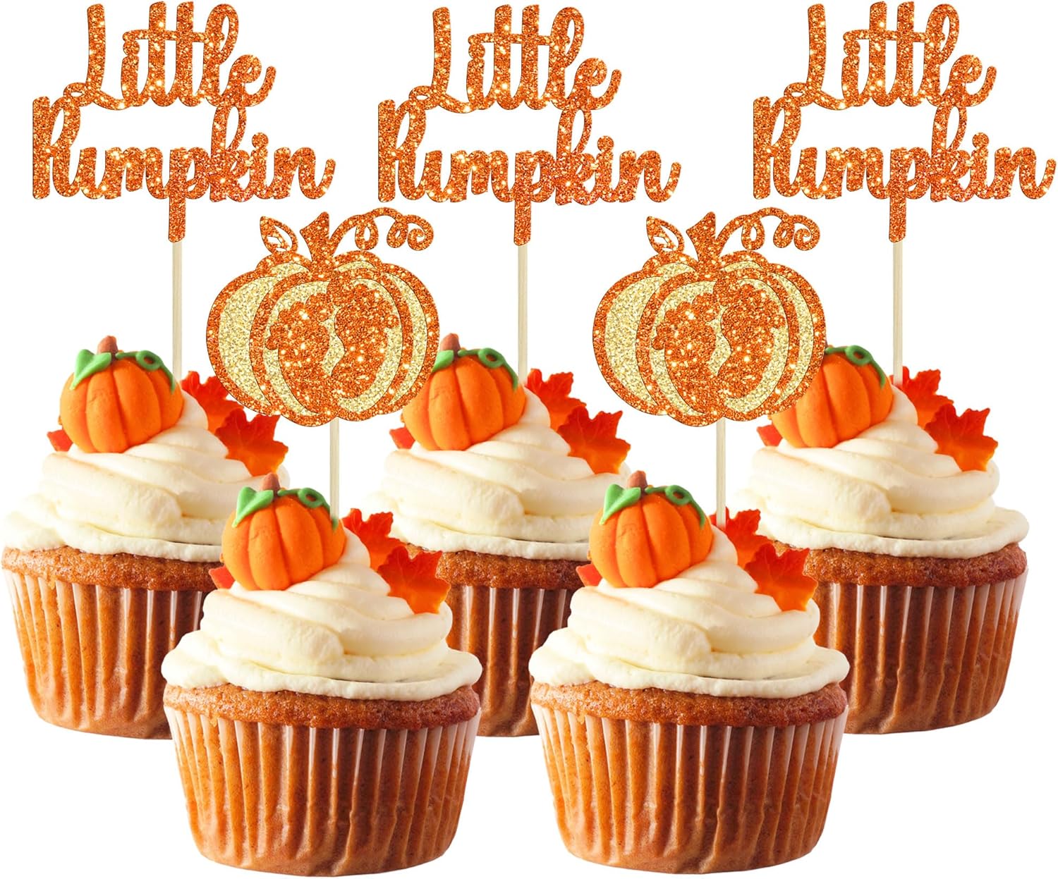 Gyufise 24 adornos para cupcakes de calabaza con purpurina con temática de otoño, decoración de cupcakes para baby shower, pies de bebé, palillos
