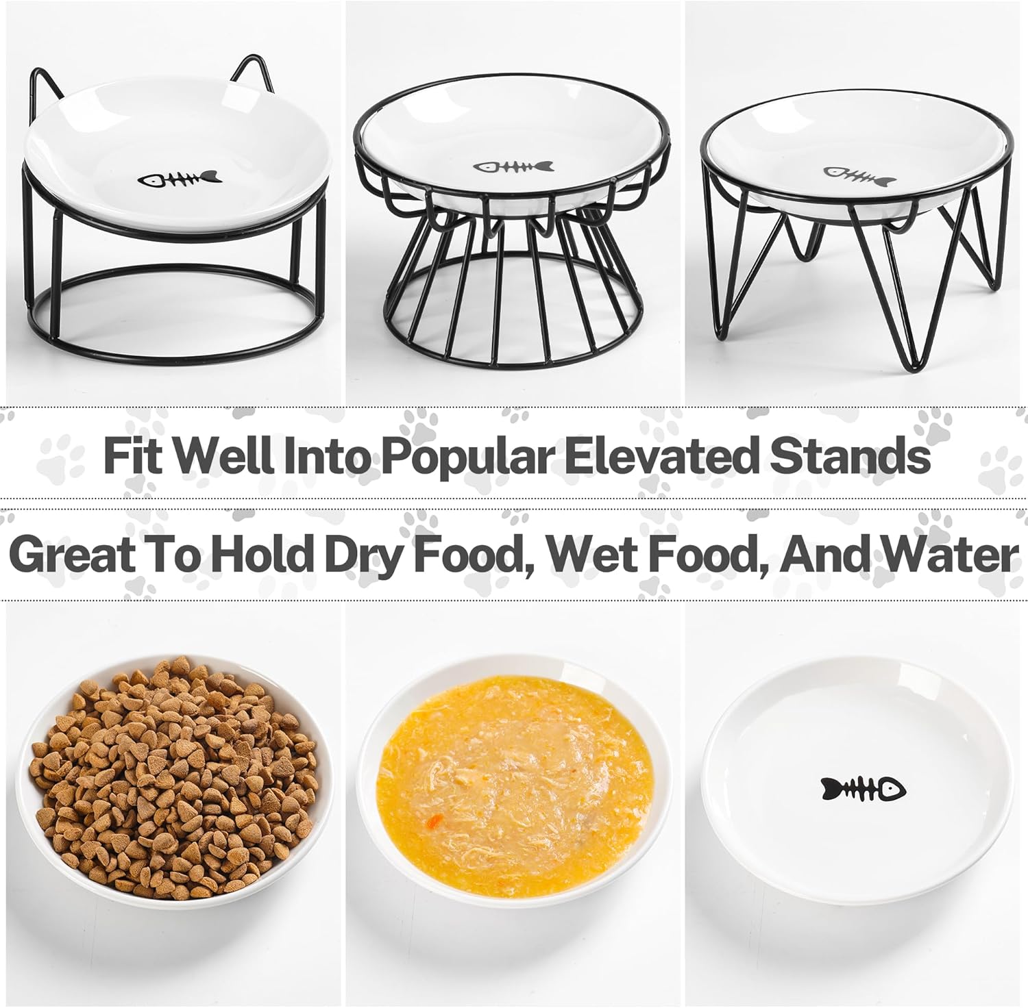Cuencos de comida para gatos, cuencos de cerámica para gatos con parte inferior de silicona antideslizante, paquete de 3 platos silenciosos para