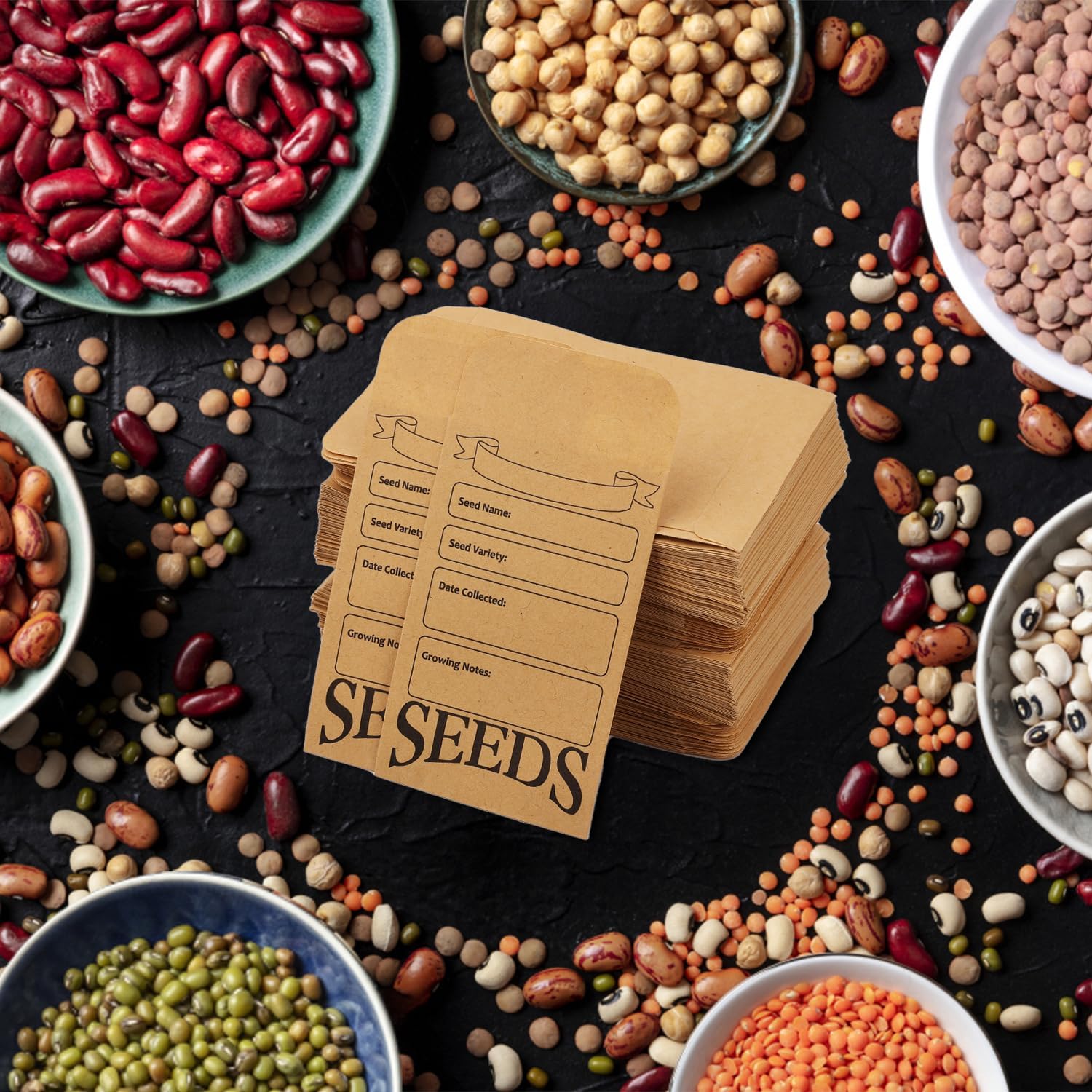 200 sobres de semillas, bolsa de papel reutilizable autosellante para almacenamiento de semillas impresa con tipos de plantillas de nombre pequeños