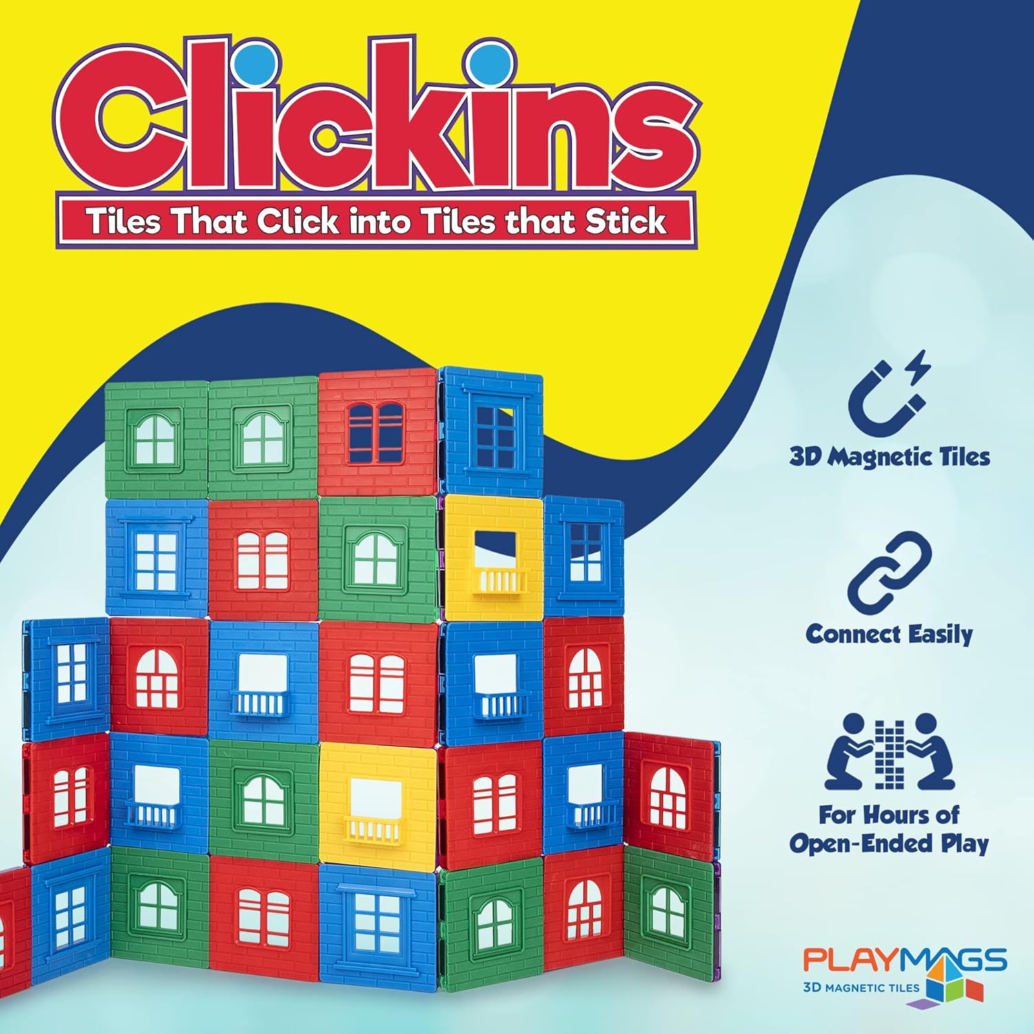 Playmags Exclusivo Juego de 60 piezas – Juego de azulejos magnéticos 3D, 30 marcos de ventana y 30 ventanas de clic, azulejos de construcción de