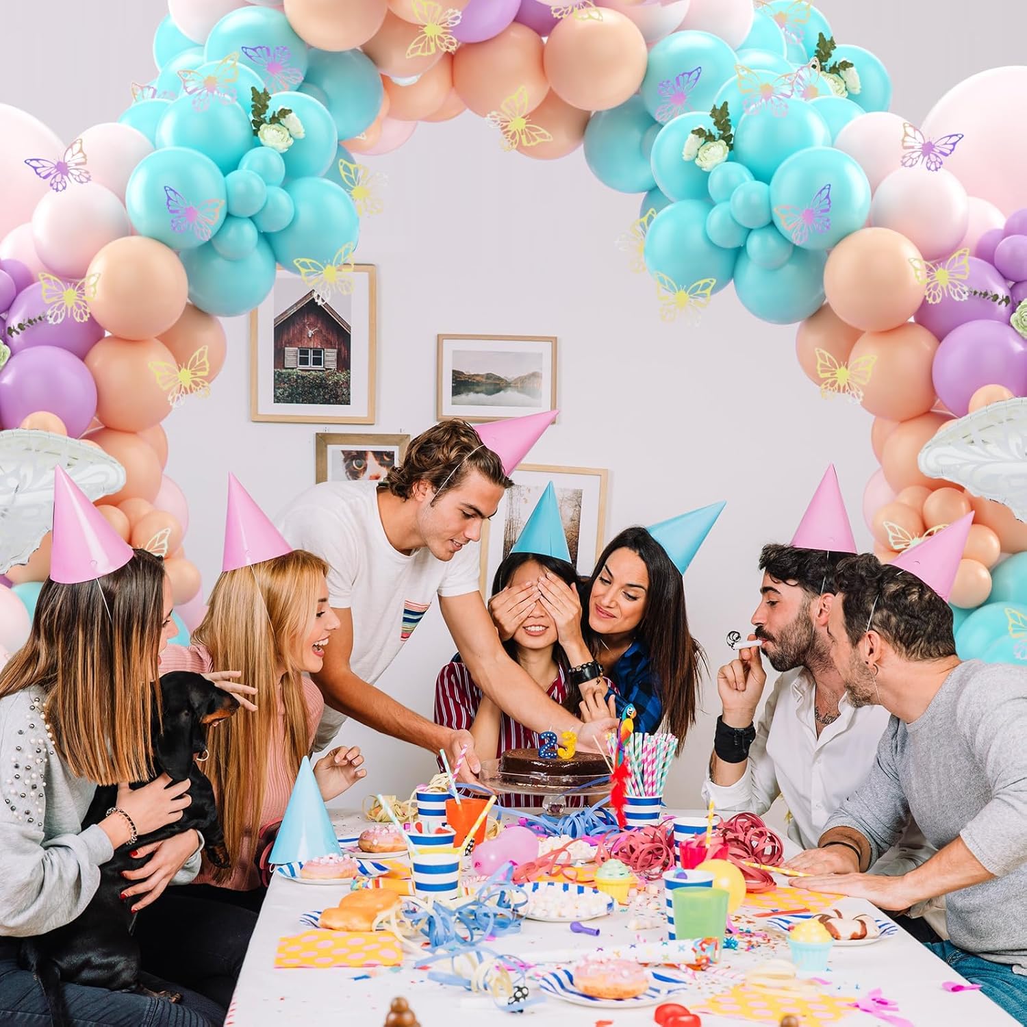 Kit de arco de guirnalda de globos pastel de mariposa, decoración de cumpleaños de mariposa rosa púrpura con calcomanías de mariposa, globo de