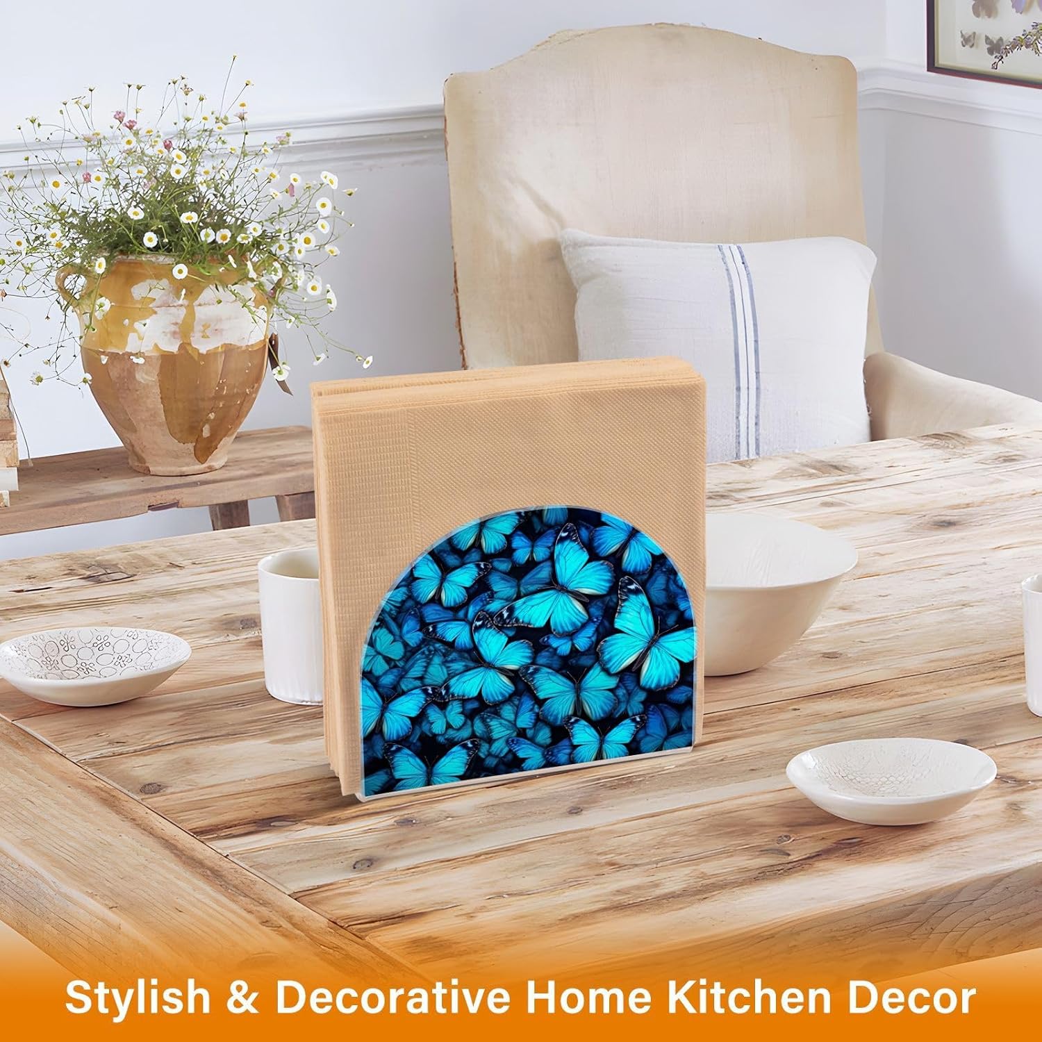 Napkin Holder Blue Butterflies Napkin Holders for Tables, Clear Acrylic Napkin Holders Cocktail Napkin Holder for Kitchen Restaurant Bar Home Decor
