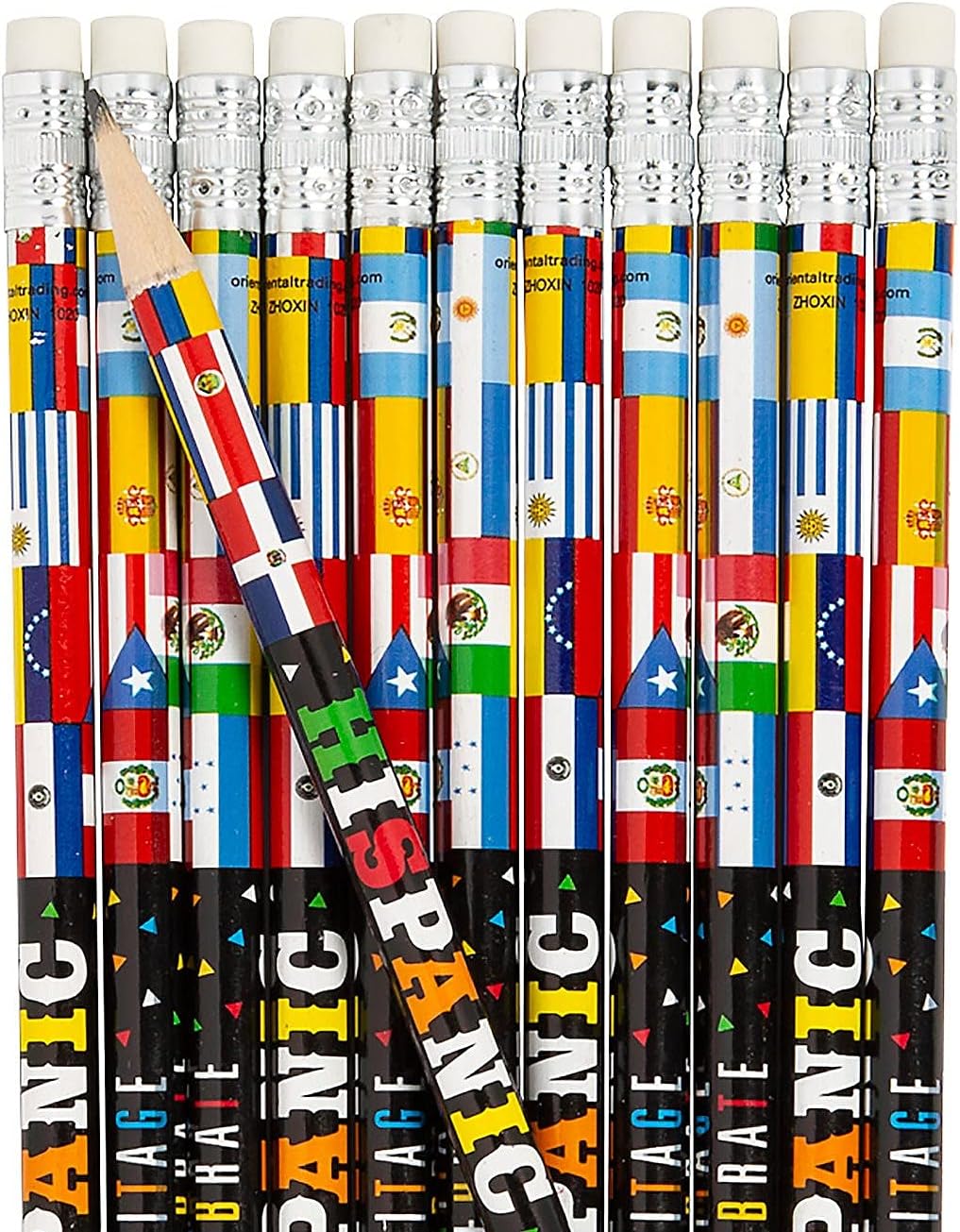 Fun Express Lápices del Mes de la Herencia Hispana  Juego a granel de 24  Suministros para maestros de aula, recompensas y folletos
