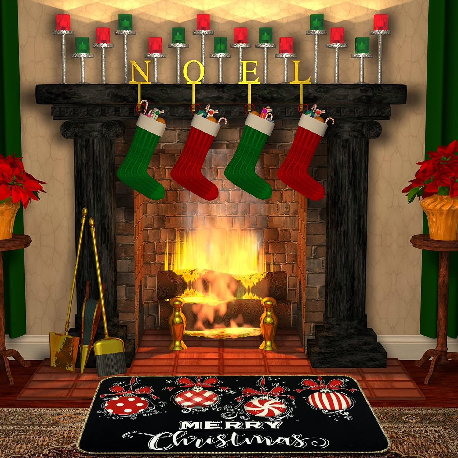 AnyDesign Tapete de puerta de Navidad negro y rojo con parte trasera de goma antideslizante, para interiores y exteriores, para decoración de hogar,