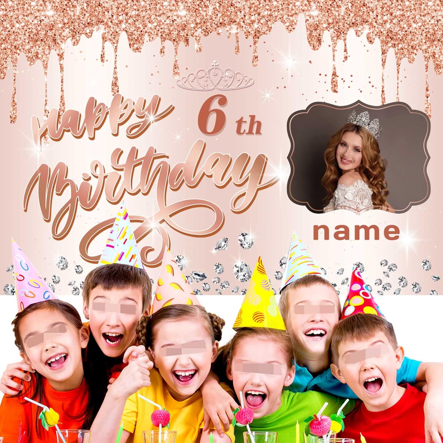 Cartel personalizable de decoración de feliz cumpleaños número 6, color oro rosa, personalizado con nombre y foto