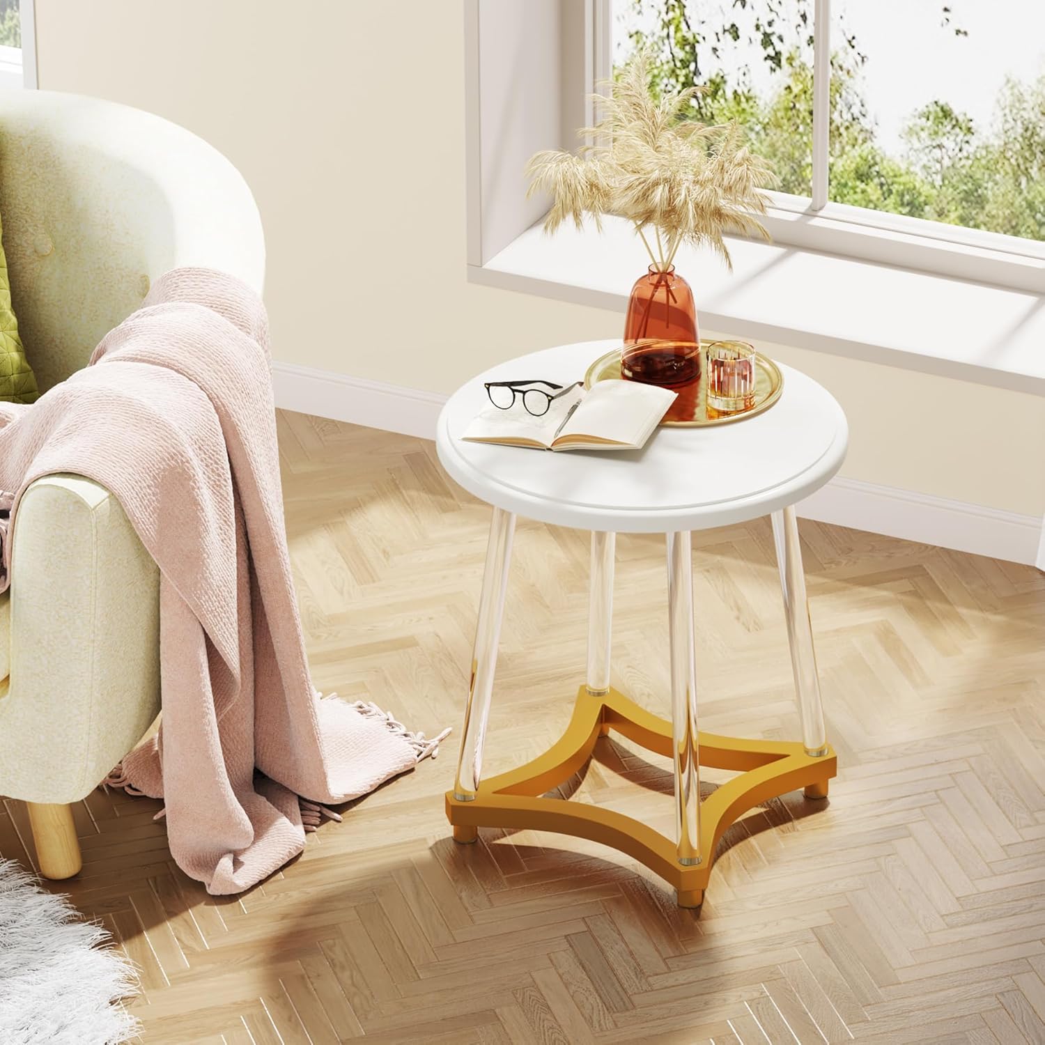 LITTLE TREE Mesa auxiliar redonda, moderna mesa auxiliar blanca con patas acrílicas, pequeña mesa redonda decorativa para espacios pequeños, sala de