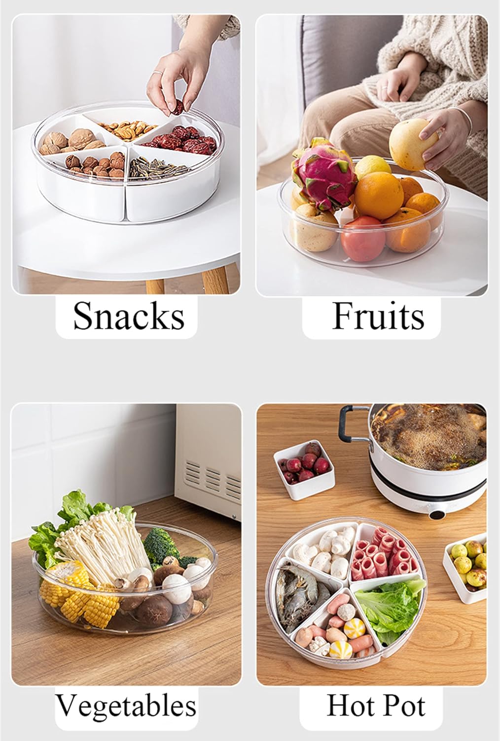 Lumista Bandeja dividida para servir con tapa, 4 compartimentos para almacenamiento de alimentos, bandeja de servicio de picnic para el hogar,