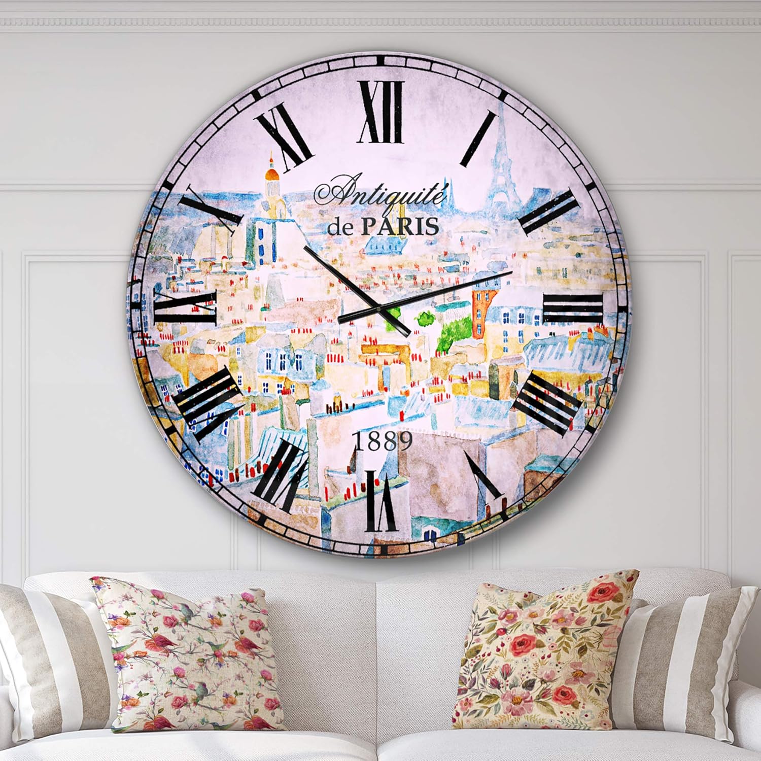 Reloj de pared francés “Ciudad de París” Reloj de pared redondo azul para decoración del hogar