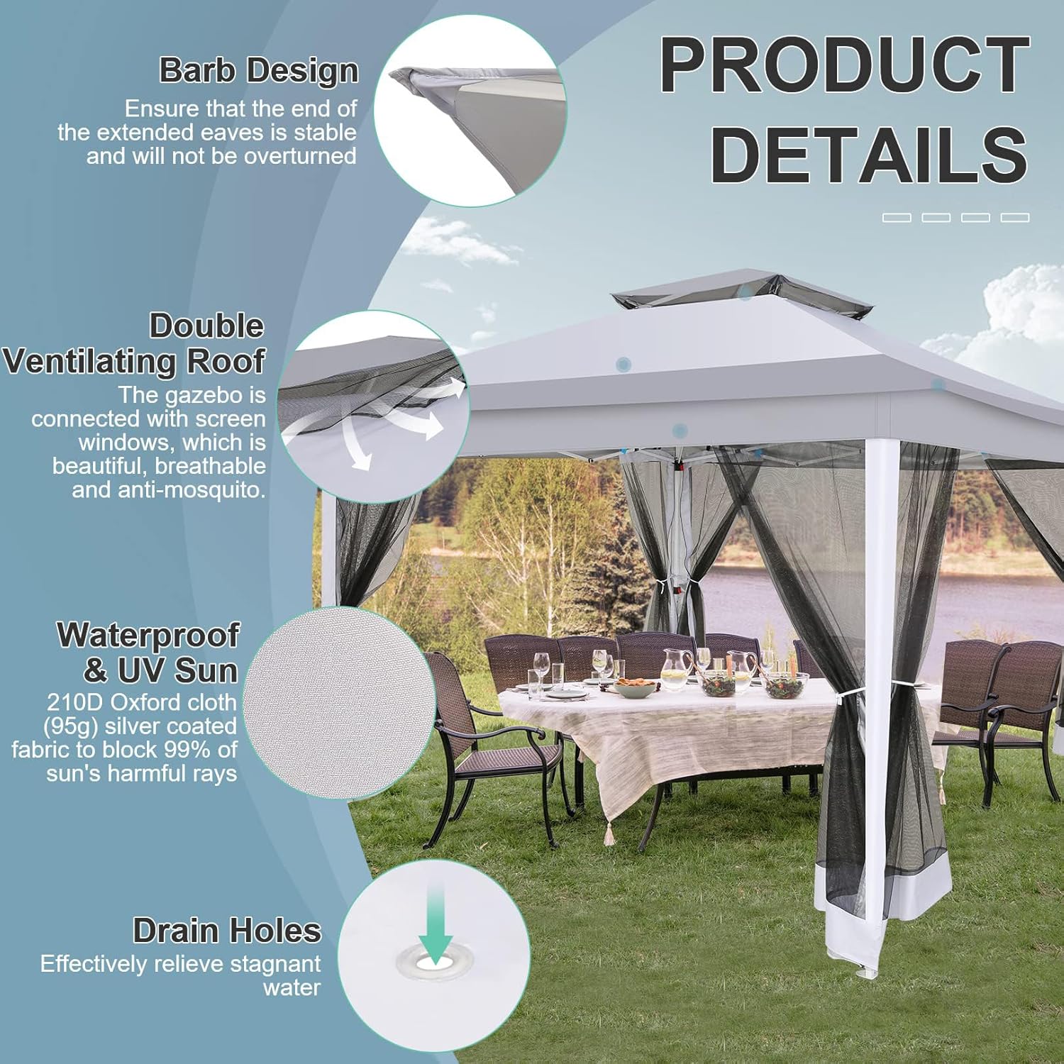 COBIZI Gazebo de 12 x 12 pies para exteriores, con mosquitera, toldo para patio trasero, con parte superior ventilada de 2 niveles, 3 alturas