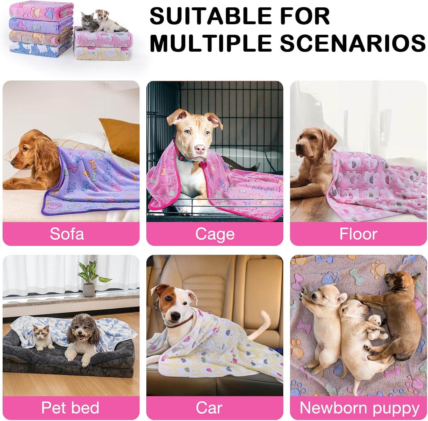 Dono 1 paquete de 6 mantas de perro y gato, manta de forro polar suave y esponjosa para perros pequeños, medianos y grandes, estampado de pata rosa,