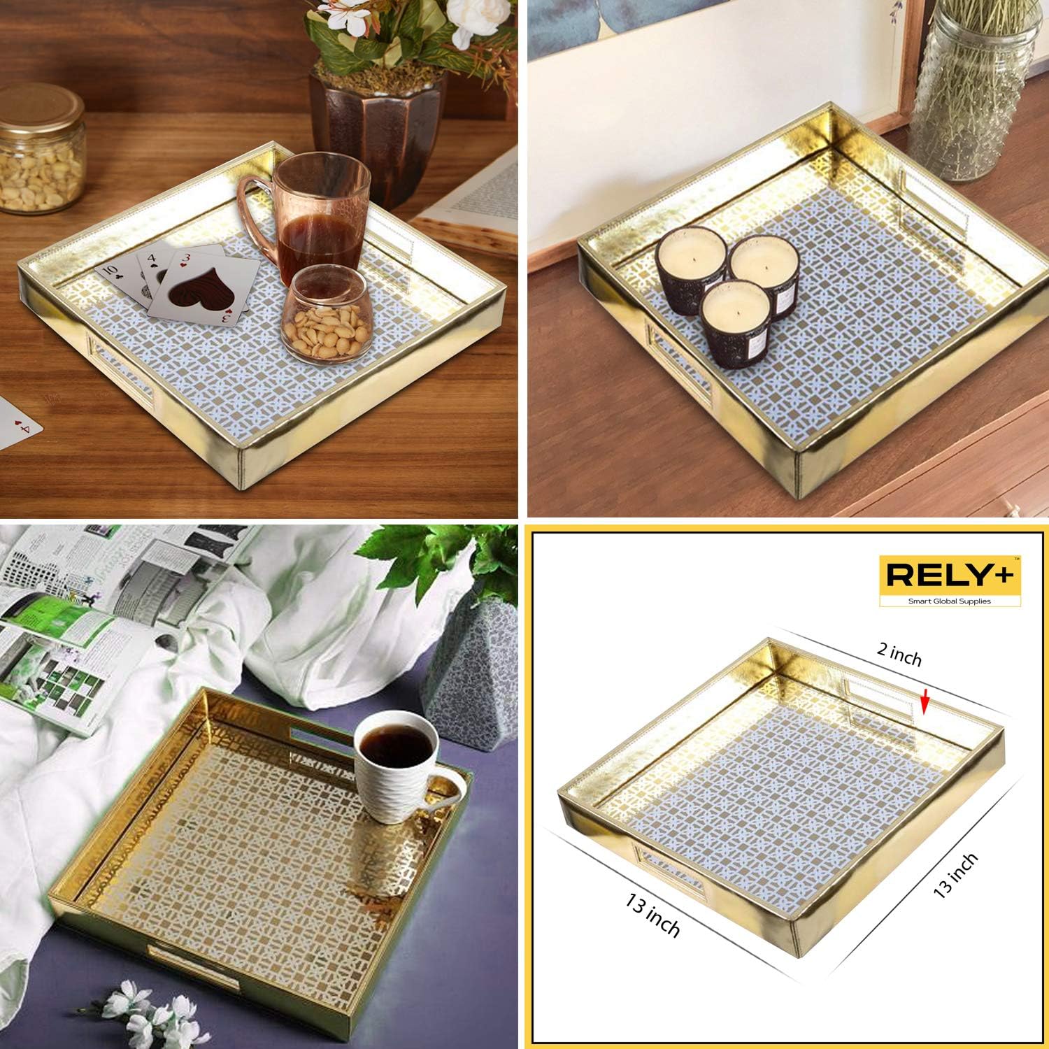 Rely+ – Bandeja decorativa de piel sintética con espejo para servir  Mesa auxiliar y decoración otomana  Bandejas decorativas para el hogar, cocina