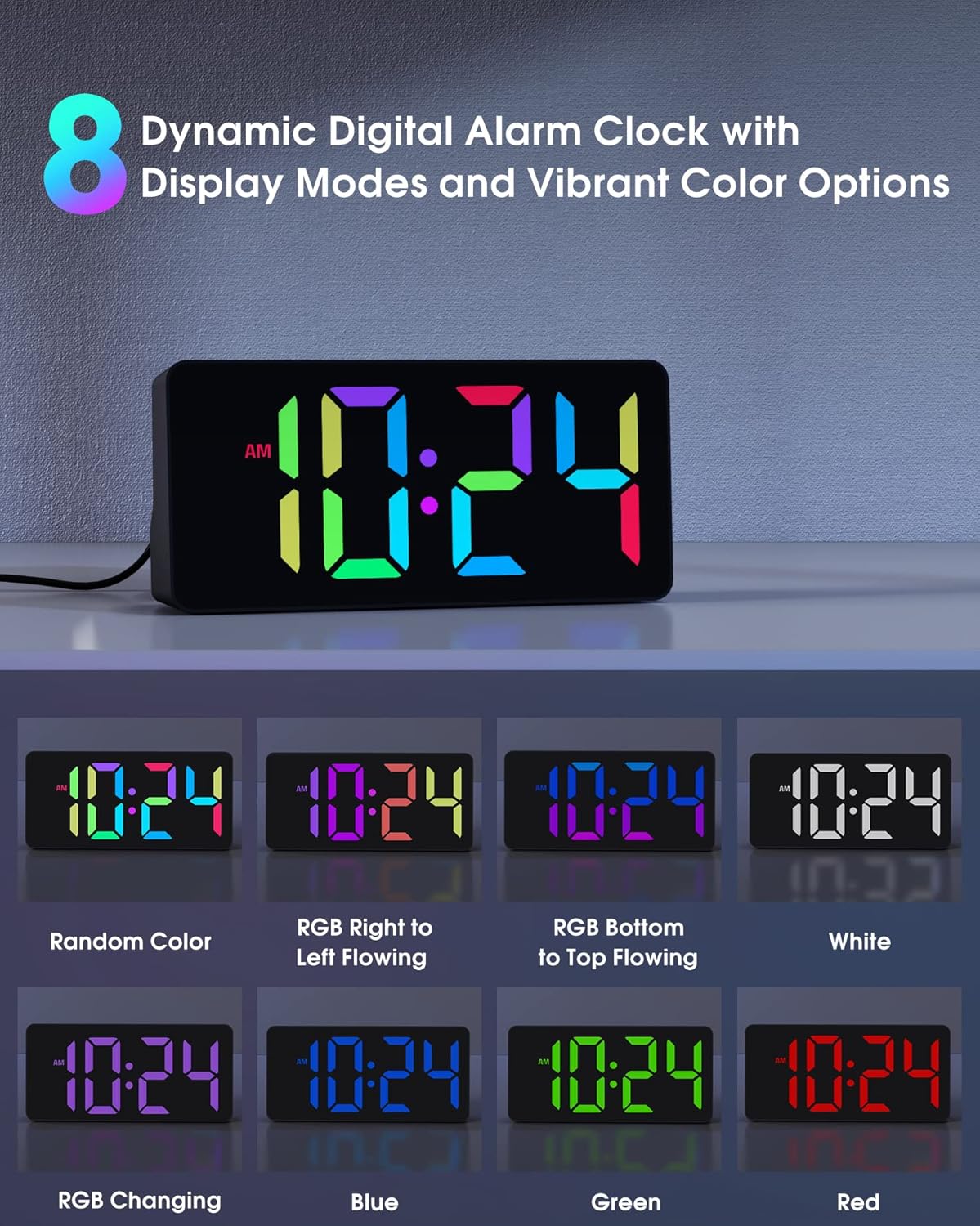 Mesqool Reloj dinámico RGB con pantalla grande, números grandes y llamativos, reloj despertador súper fuerte para dormitorio, personas que duermen