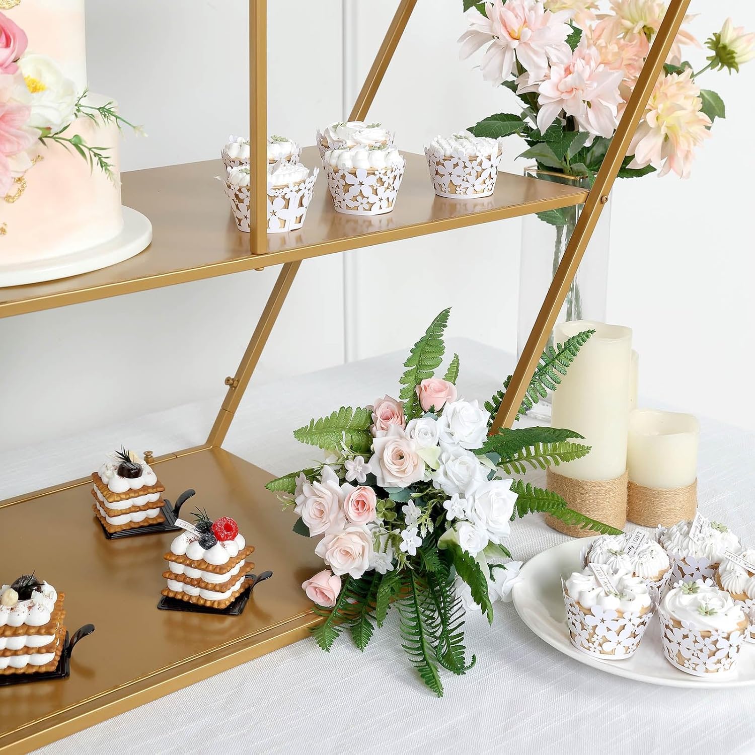 Efavormart – Soporte hexagonal grande de metal dorado para postres para tartas y postres, telón de fondo de arco de boda, estante para globos,