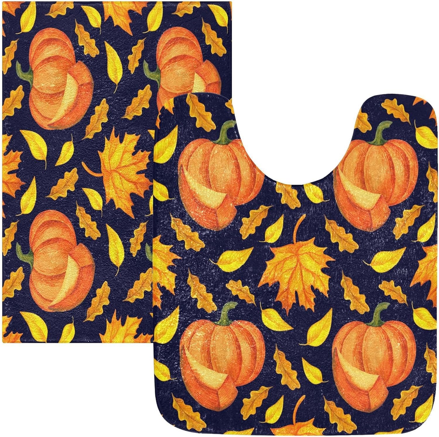 Bathroom Rugs Sets 2 Piece 24×16+24×20 Inch,Soft U-Shaped Contour Toilet Rug Orange Pumpkins Watercolor Non-Slip Absorbent Bath Floor Mat Carpet Set
