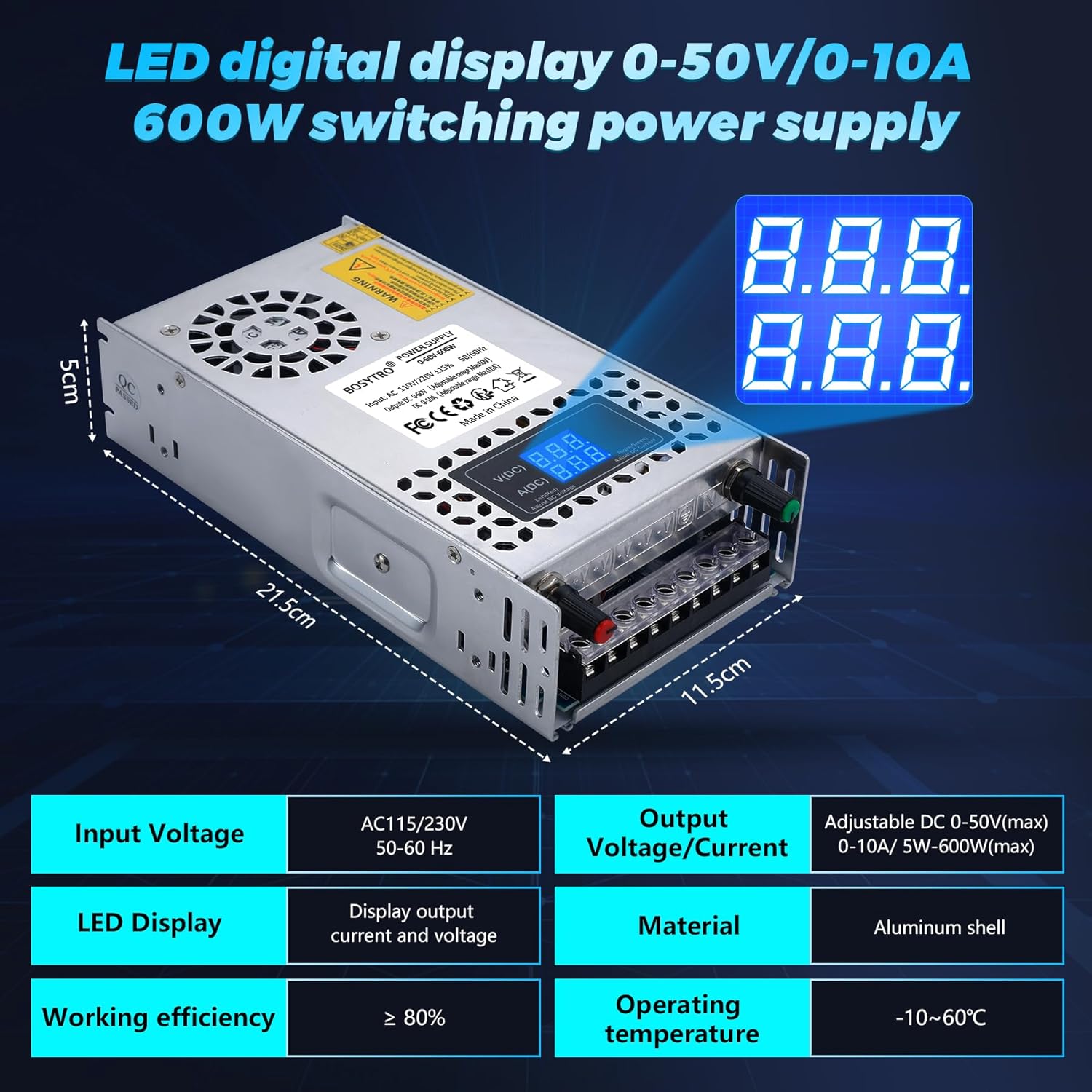 BOSYTRO Fuente de alimentación de CC ajustable de 60 V, 600 W, fuente de alimentación conmutada CA 110V220V a CC 0-60V DC Convertidor con pantalla