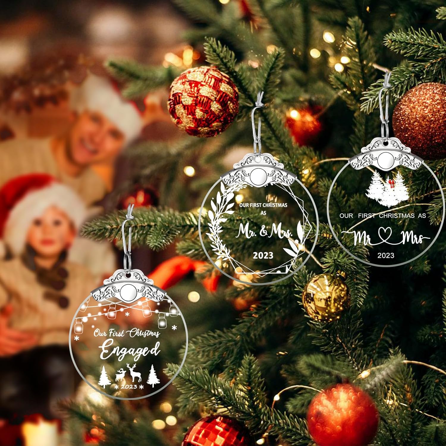 Adorno de compromiso con texto en inglés “Our First Christmas Mr Mrs New Home, para parejas, adornos de Navidad, decoración para colgar en el árbol