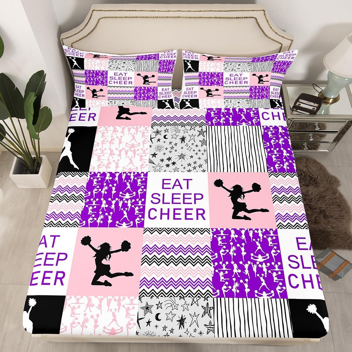 Juego de sábanas de animadoras, juego de ropa de cama de tamaño individual para niños, niñas, adolescentes y adultos, sábana bajera geométrica a