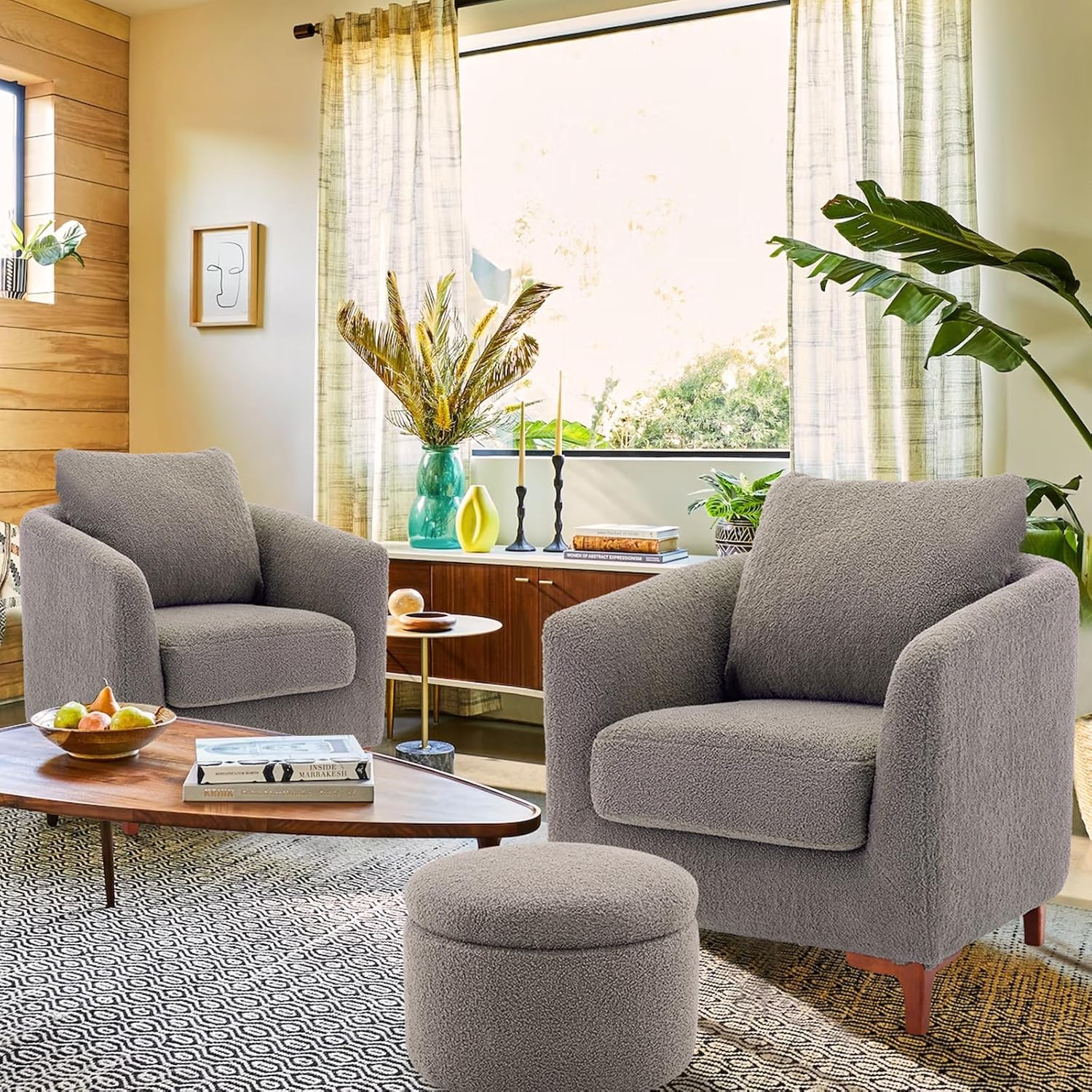 COLAMY Juego de silla decorativa Sherpa y otomana de almacenamiento, moderno tapizado de tela para sala de estar, sillón con almohada trasera y