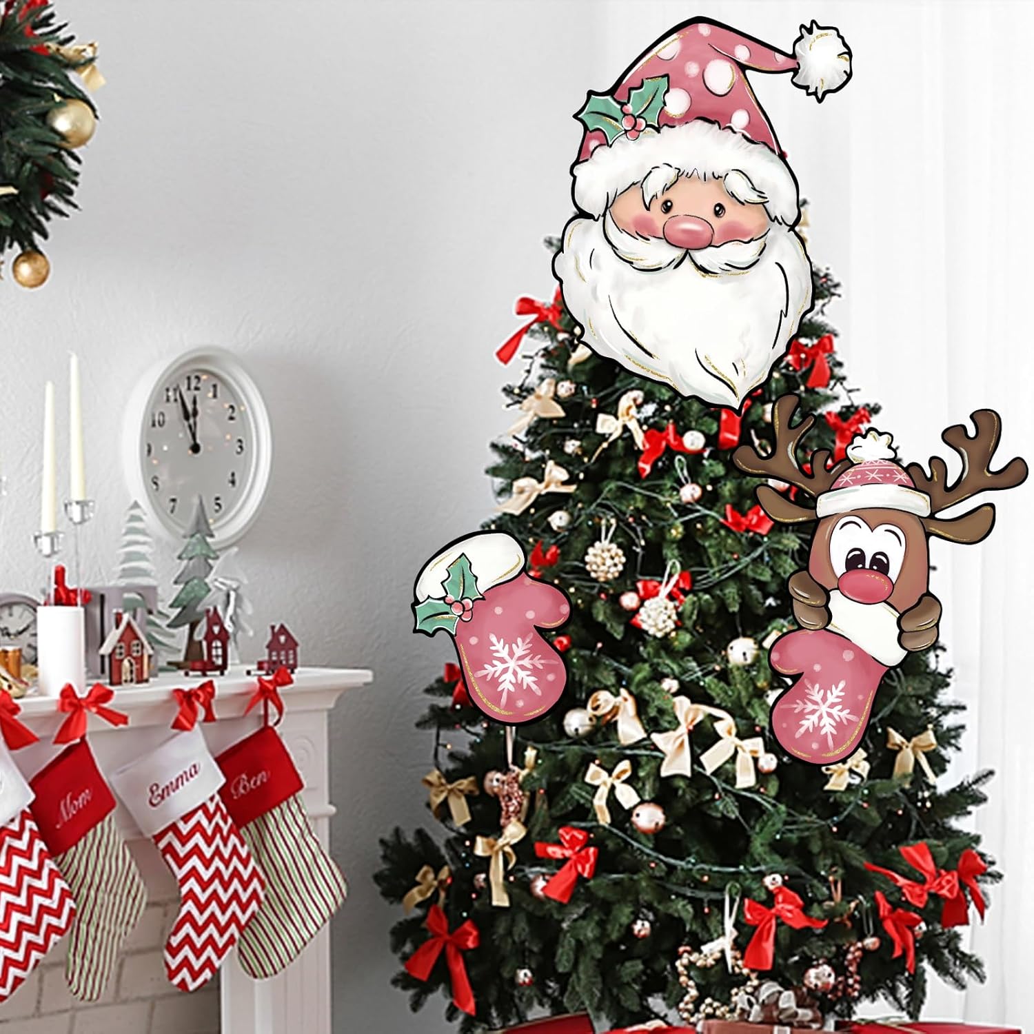 Letrero de jardín de Navidad rosa con diseño de Papá Noel para patio, guantes de Navidad, alce, reno, adorno para decoración de árbol de patio al