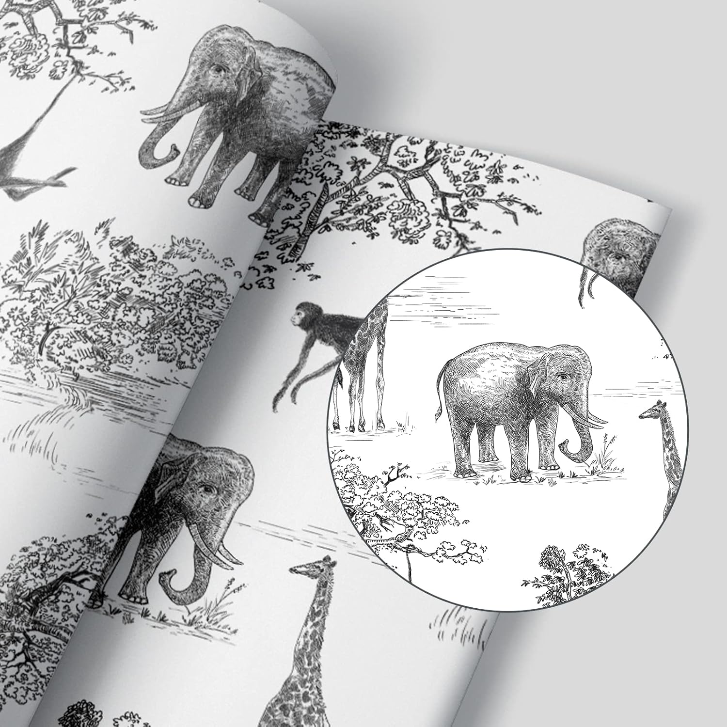 Papel tapiz autoadhesivo con diseño de jirafa y elefante, color negroblanco, para habitación de los niños, papel tapiz de animales del bosque, papel
