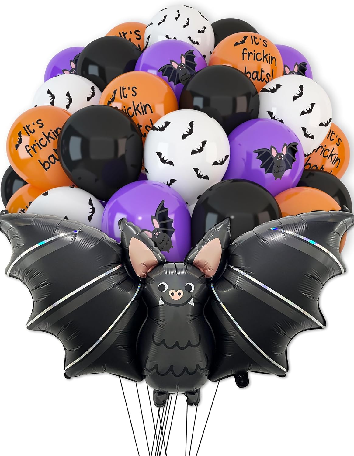 HOUSE OF PARTY Globo de aluminio de murciélago de 40 pulgadas de Halloween con 50 globos de látex de murciélago negro, naranja, morado, blanco para